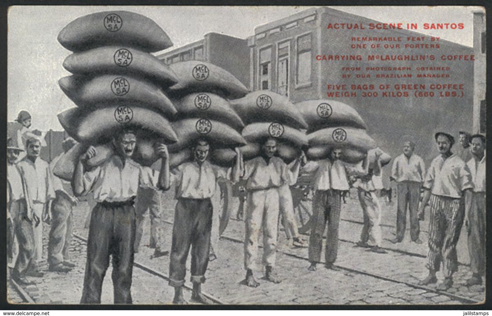 BRAZIL: Porters Carrying Up To 300 Kilos Of Café McLaughlin Coffee In The Port Of Santos, Advertising Card Used In USA I - Autres & Non Classés