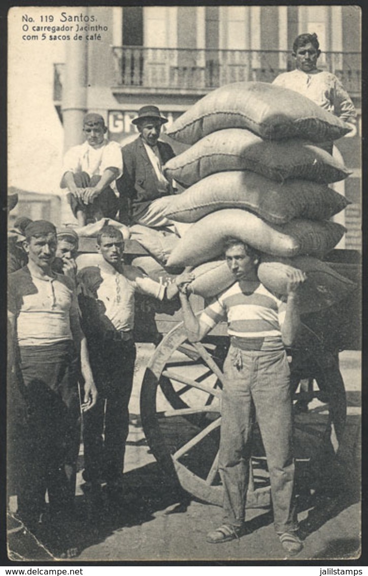 BRAZIL: A Porter Carrying 5 Sacks Of COFFEE In Santos, Ed. M.Pontes, Used On 18/FE/1910, VF Quality - Autres & Non Classés