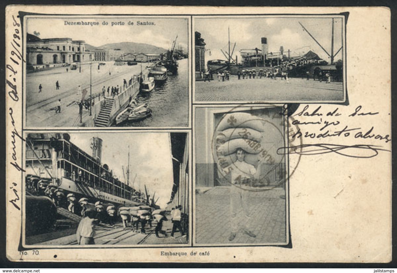 BRAZIL: Shipping COFFEE In The Port Of Santos, Ed. M.Pontes, Dated 1908, With Defects And Repaired - Autres & Non Classés