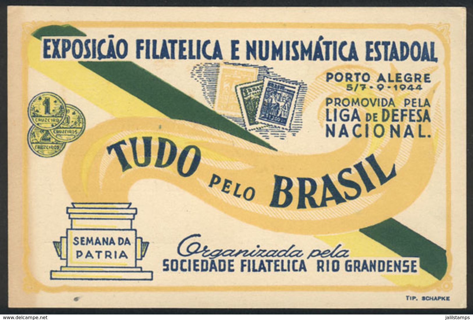 BRAZIL: Special Postcard Of The Stamp & Coins Exhibition Of Porto Alegre 5-7/SE/1944, Numbered "172" On Back, VF Quality - Autres & Non Classés