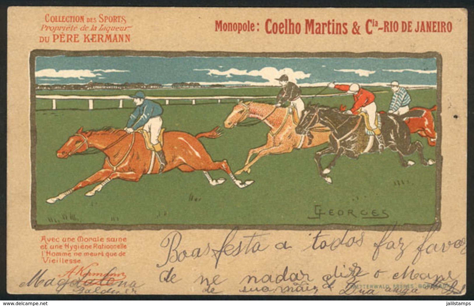 BRAZIL: Horse Race, Artist Signed Georges, With Advertising For Liqueur "Pere Hermann" And "Coelho Martins - Rio De Jane - Autres & Non Classés