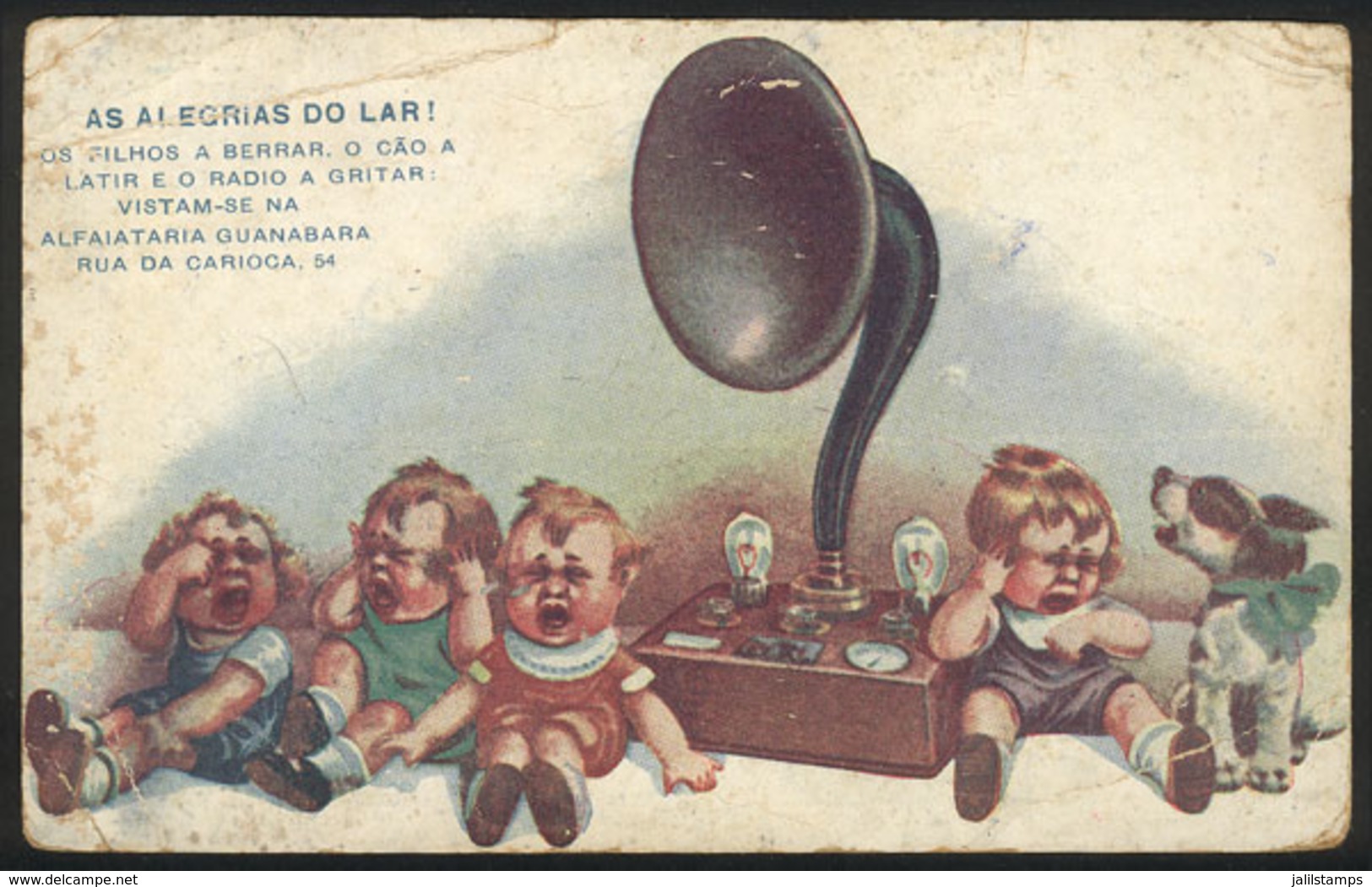 BRAZIL: Old Advertising PC For "Guanabara" Tailor Shop, Nice View Of A PHONOGRAPH And Babies Crying, With Defects" - Autres & Non Classés