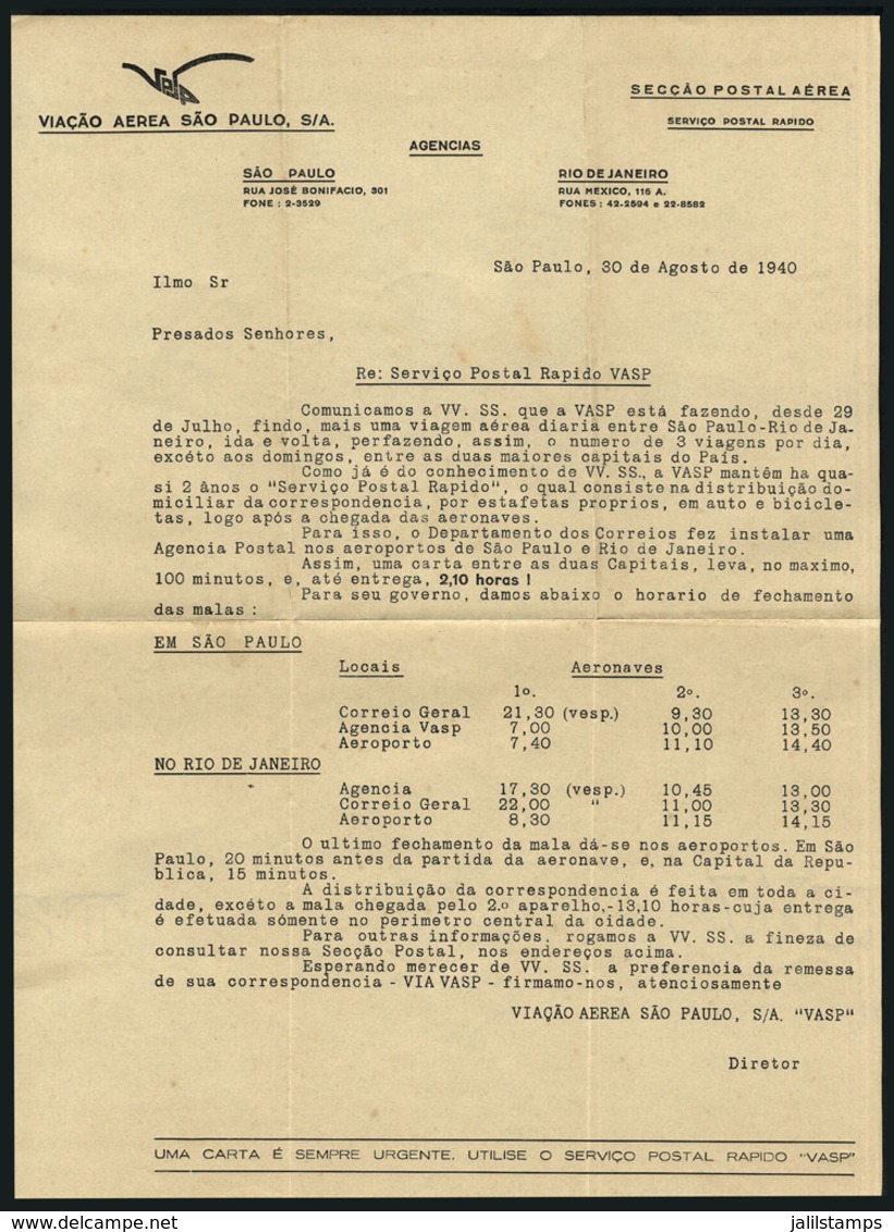 BRAZIL: Circular With Guidelines About The Postal Service Of VASP, VF Quality! - Autres & Non Classés