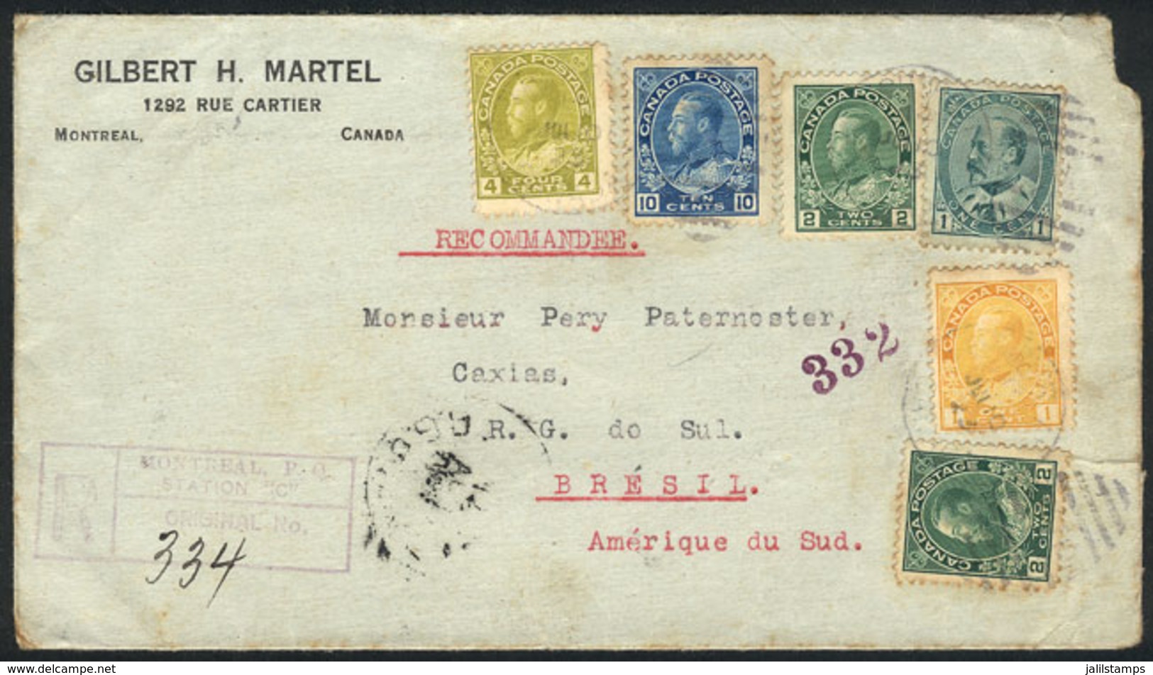 CANADA: Registered Cover Sent From Montreal To Brazil On 10/JUL/1923, Franked With 20c. That Includes TWIN VALUES Of 1c. - Autres & Non Classés