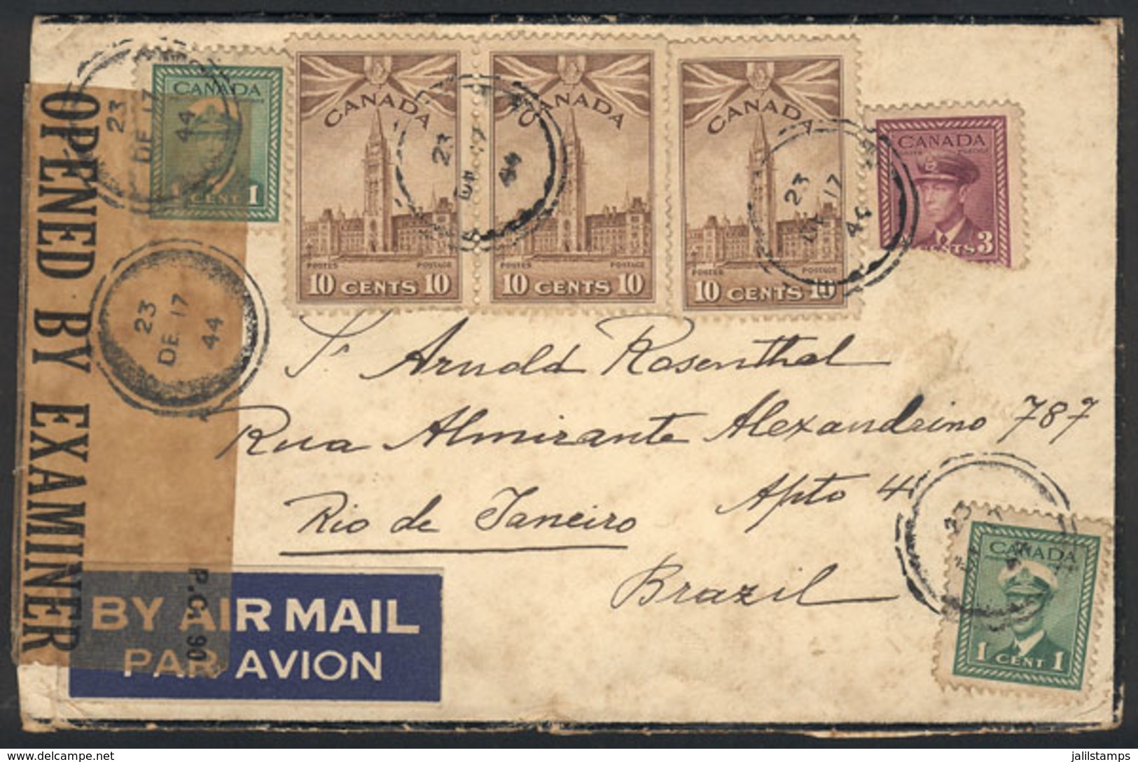 CANADA: Airmail Cover Sent To Rio De Janeiro On 17/DE/1944 Franked With 35c., Very Nice! - Autres & Non Classés