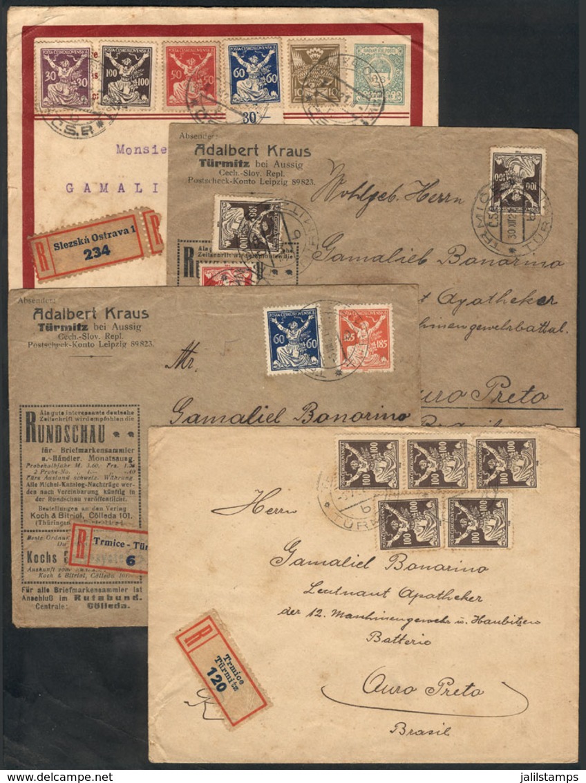 CZECHOSLOVAKIA: 4 Registered Covers Sent To Ouro Preto (Brazil) In 1921/2 With Nice Postages, Unusual Destination, Very  - Autres & Non Classés