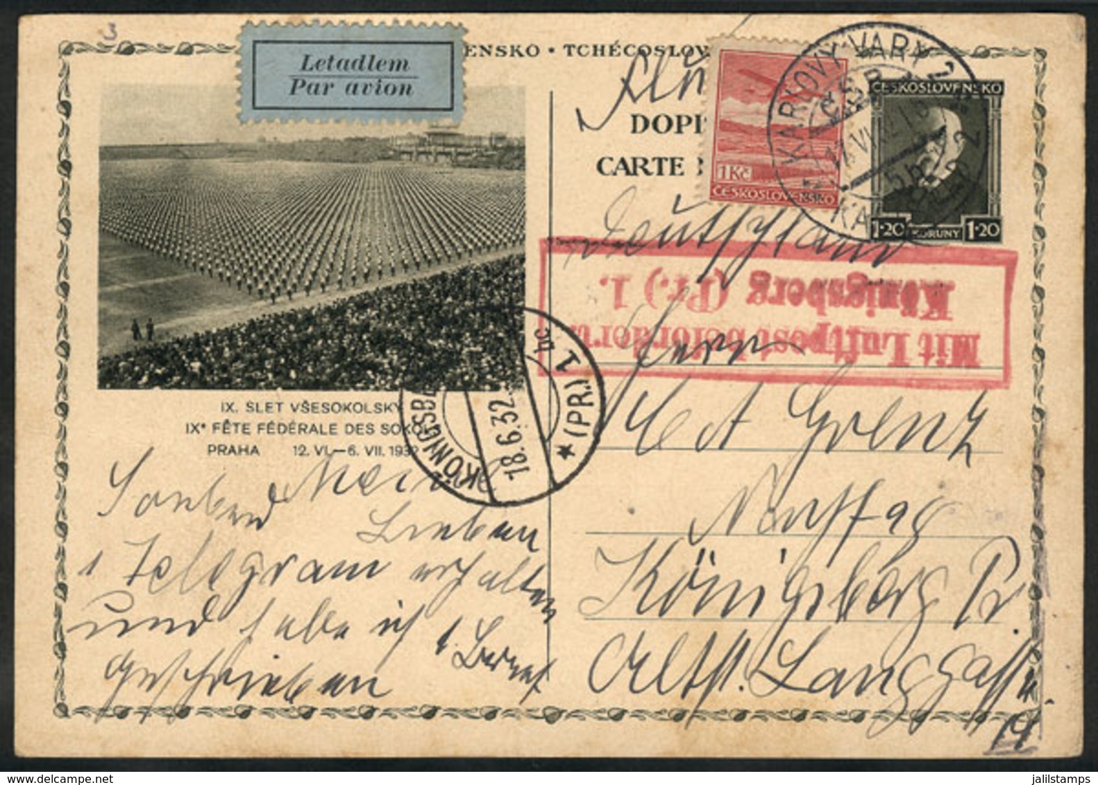 CZECHOSLOVAKIA: Illustrated Postal Card (topic SPORT) Sent Via Airmail From Karlovy-Vary To Königsberg (Germany) On 17/J - Autres & Non Classés