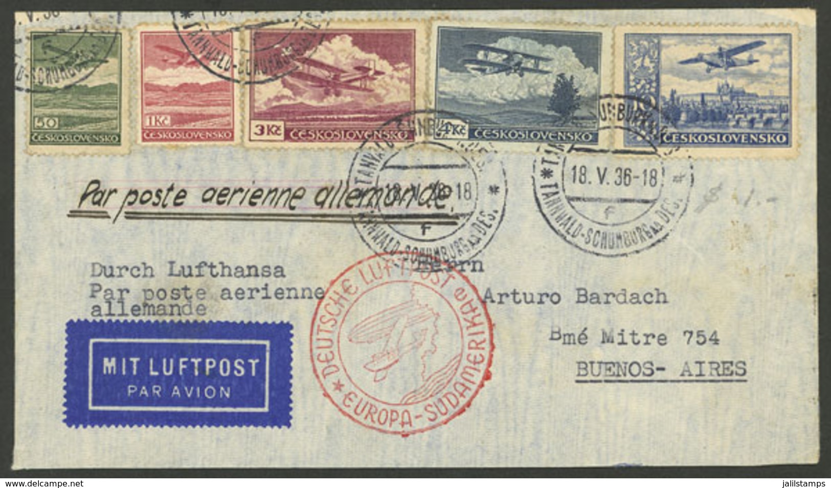 CZECHOSLOVAKIA: Airmail Cover Sent To Argentina On 18/MAY/1936 By German DLH Franked With 18.50Kc., On Back Berlin Trans - Autres & Non Classés