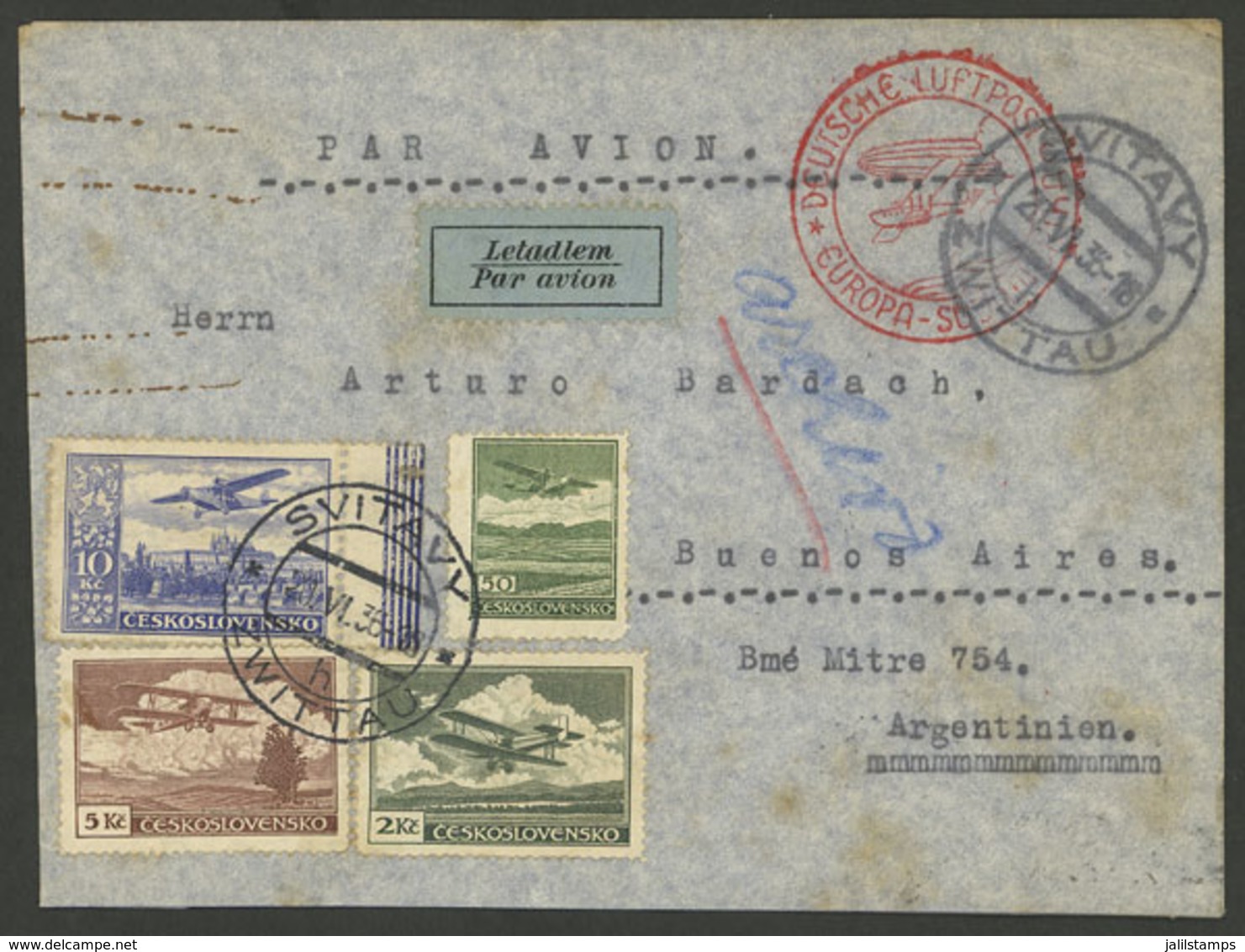 CZECHOSLOVAKIA: 20/JUN/1936 Svitavy - Argentina, Airmail Cover Sent By German DLH Franked With 17.50Kc., Arrival Backsta - Autres & Non Classés