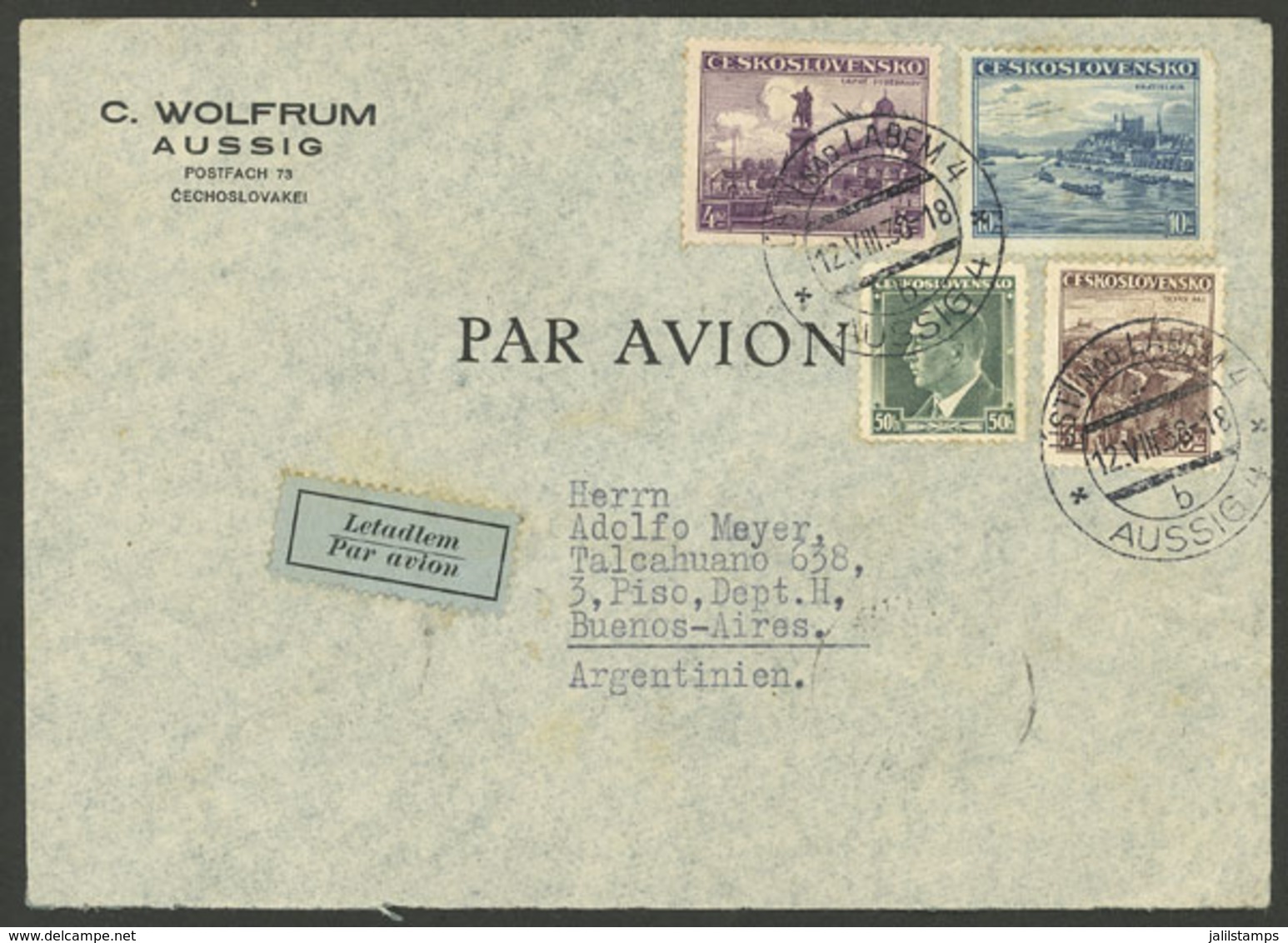 CZECHOSLOVAKIA: 12/AU/1938 Usti Nad Labem - Argentina, Airmail Cover Franked With 17.50Kc., With Buenos Aires Arrival Ba - Autres & Non Classés