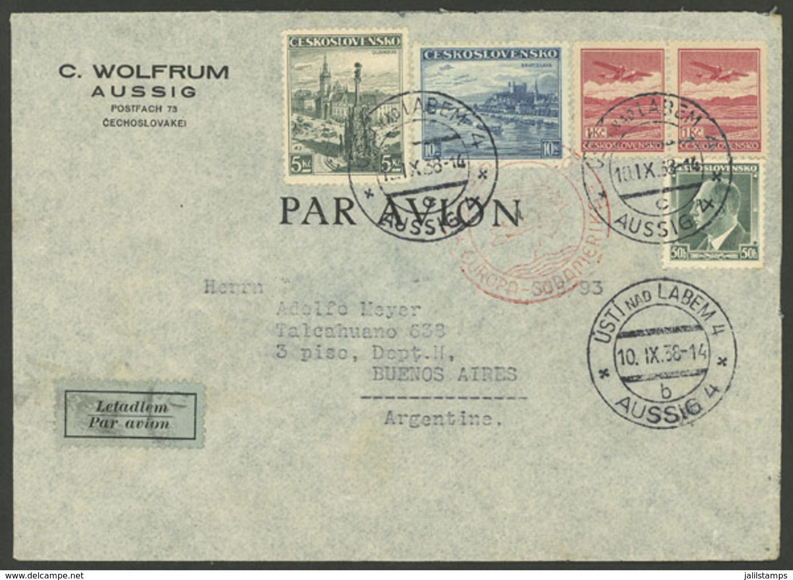 CZECHOSLOVAKIA: 10/SE/1938 Usti Nad Labem - Argentina, Airmail Cover Sent By German DLH Franked With 17.50Kc., With Buen - Autres & Non Classés