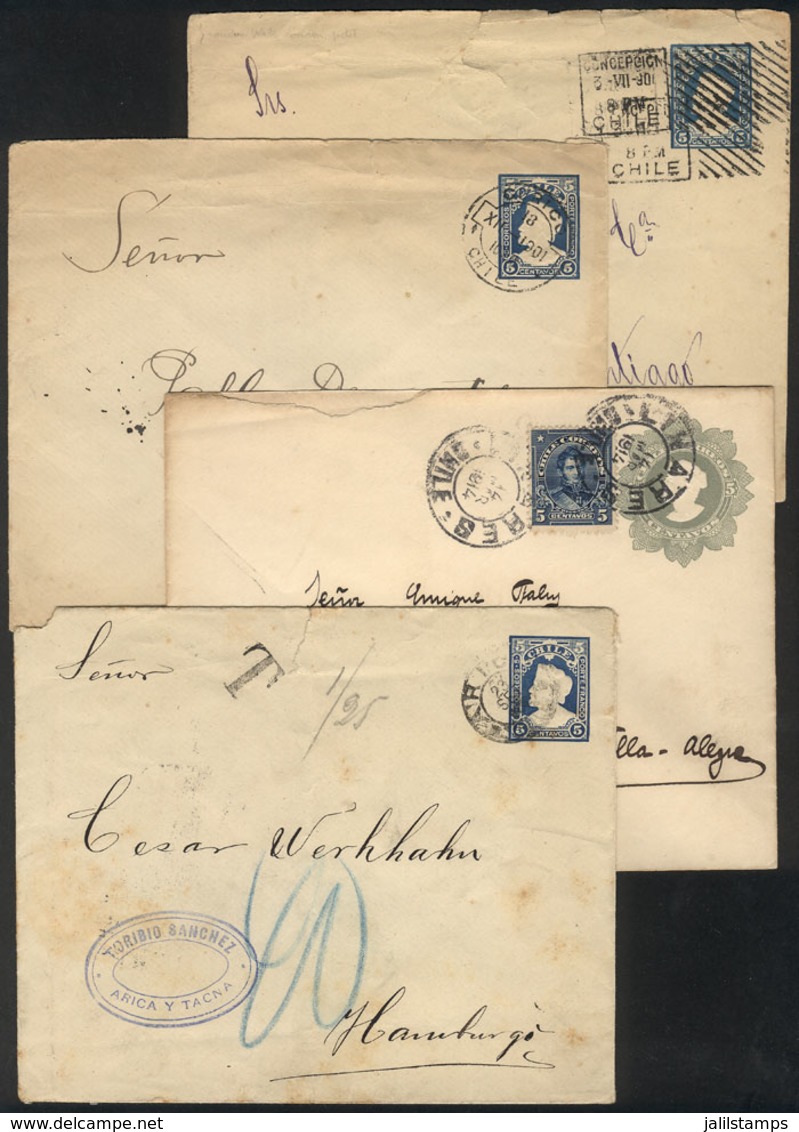 CHILE: 4 Stationery Envelopes Used Between 1901 And 1914 With Interesting Postmarks: Linares, Arica, Etc. - Chili