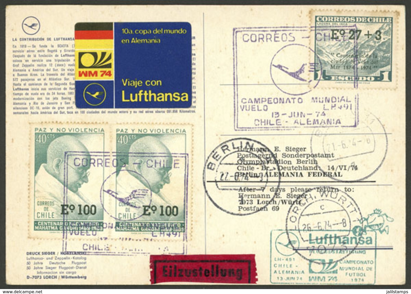 CHILE: 13/JUN/1974 Santiago - Germany, Special Flight For Football World Cup, With Special Cinderella, Postmarks, Etc.,  - Chili