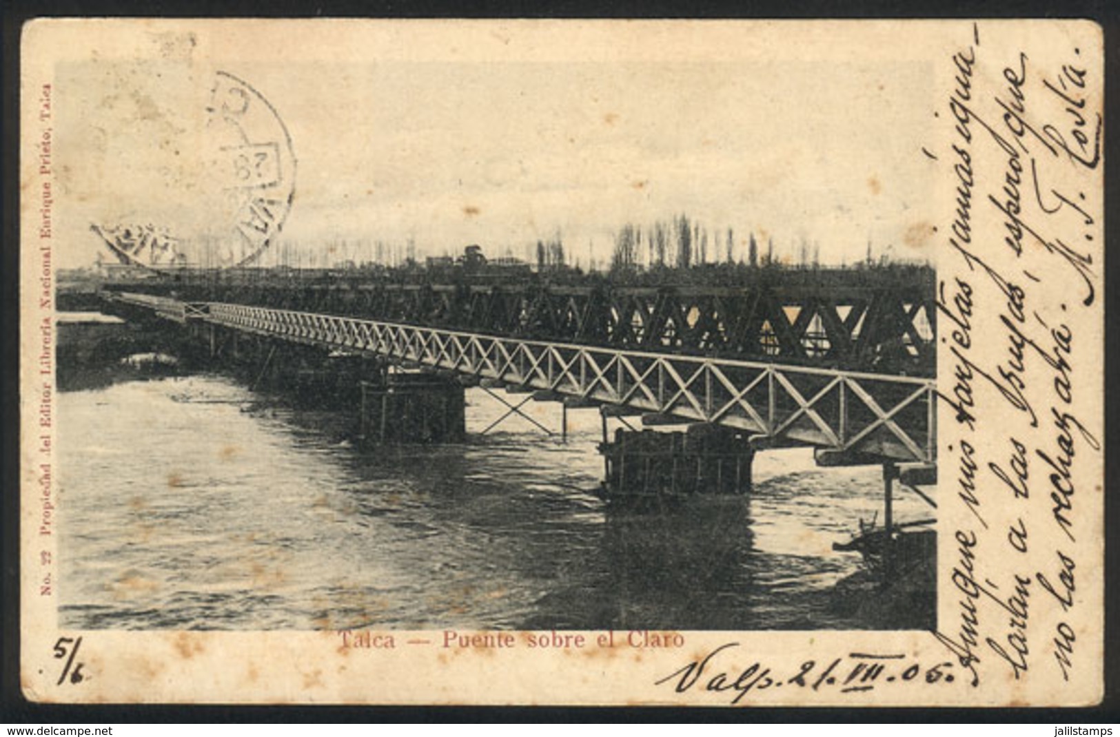 CHILE: TALCA: Bridge Over The Claro River, Ed. Enrique Prieto, Dated 21/JUL/1905, Minor Defects - Chili