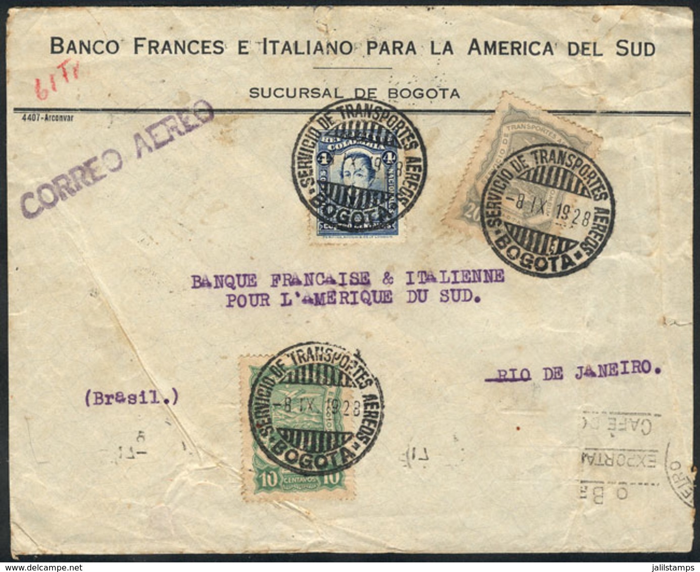 COLOMBIA: Airmail Cover Sent From Bogotá To Rio De Janeiro On 8/SE/1928 Franked With 34c., With Transit Backstamps Of Ba - Colombie