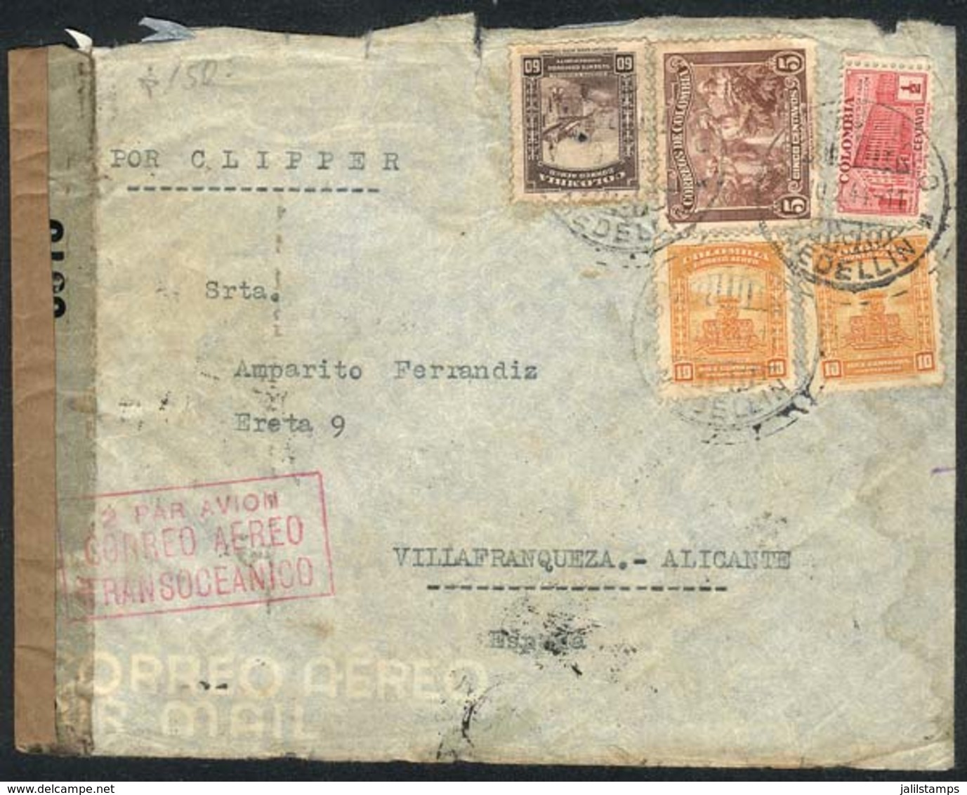COLOMBIA: Airmail Cover Sent From Medellin To Villafranqueza (Spain) On 10/FE/1944, With Double Censor British And Spani - Colombia