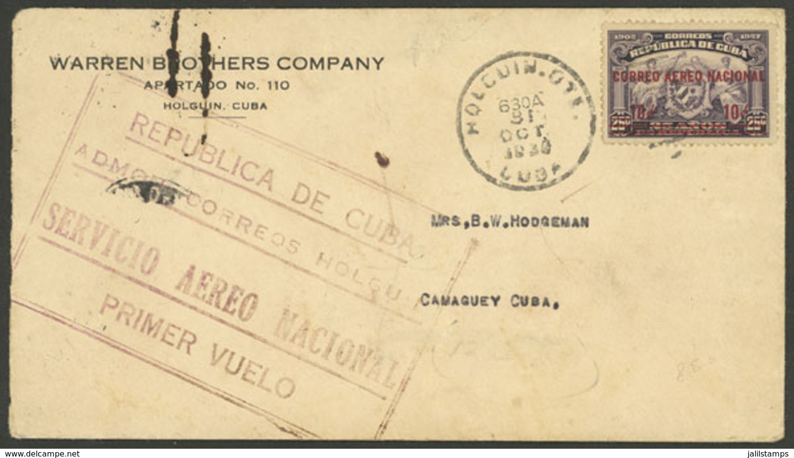 CUBA: 31/OC/1930 Holguin - Camaguey, First Flight, Cover With Arrival Backstamp, VF Quality, Very Scarce! - Autres & Non Classés