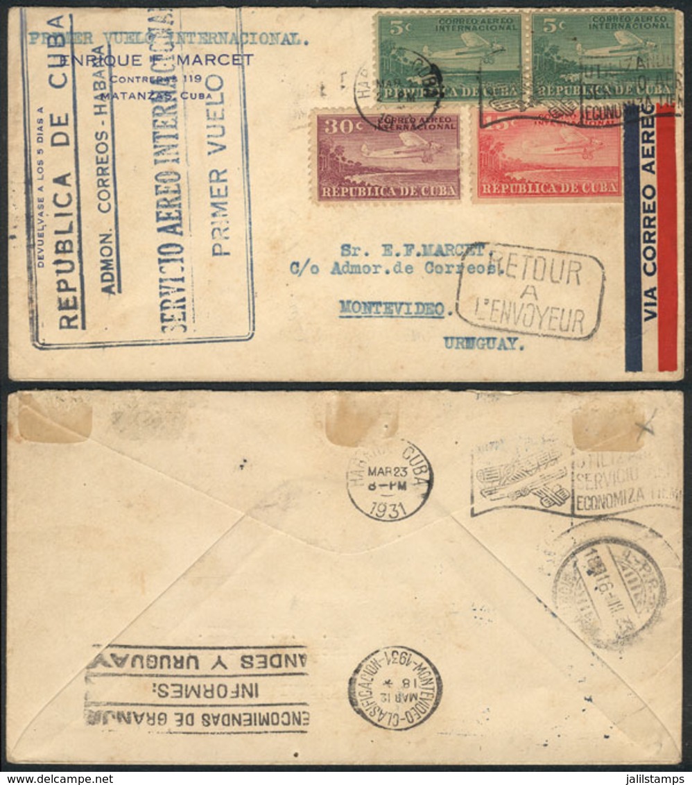 CUBA: 2/MAR/1931 First Flight Havana - Montevideo (Uruguay) And Return (see Cancels On Reverse, Arrival Back To Havana O - Autres & Non Classés