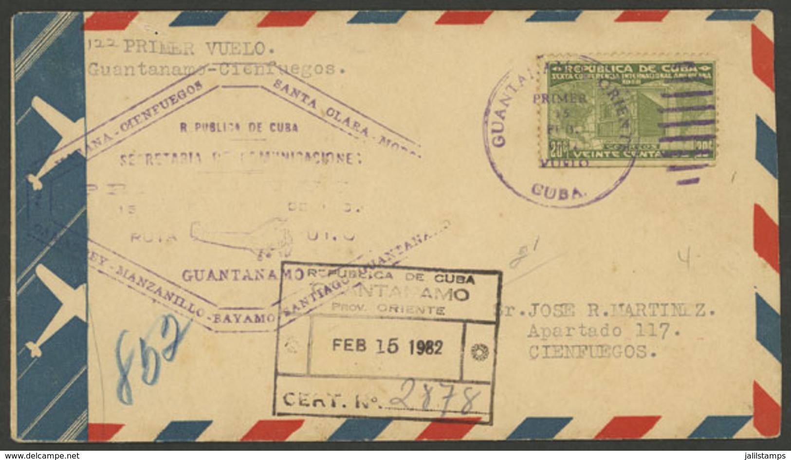 CUBA: 15/FE/1932 First Flight Guantánamo - Cienfuegos, Cover Of Fine Quality With Arrival Backstamp! - Autres & Non Classés