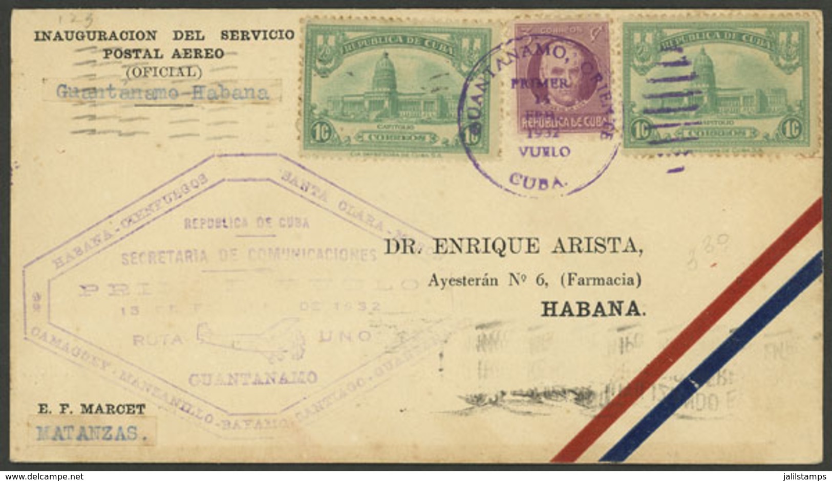 CUBA: 15/FE/1932 First Flight Guantánamo - Havana, Cover Of Fine Quality With Arrival Backstamp! - Autres & Non Classés
