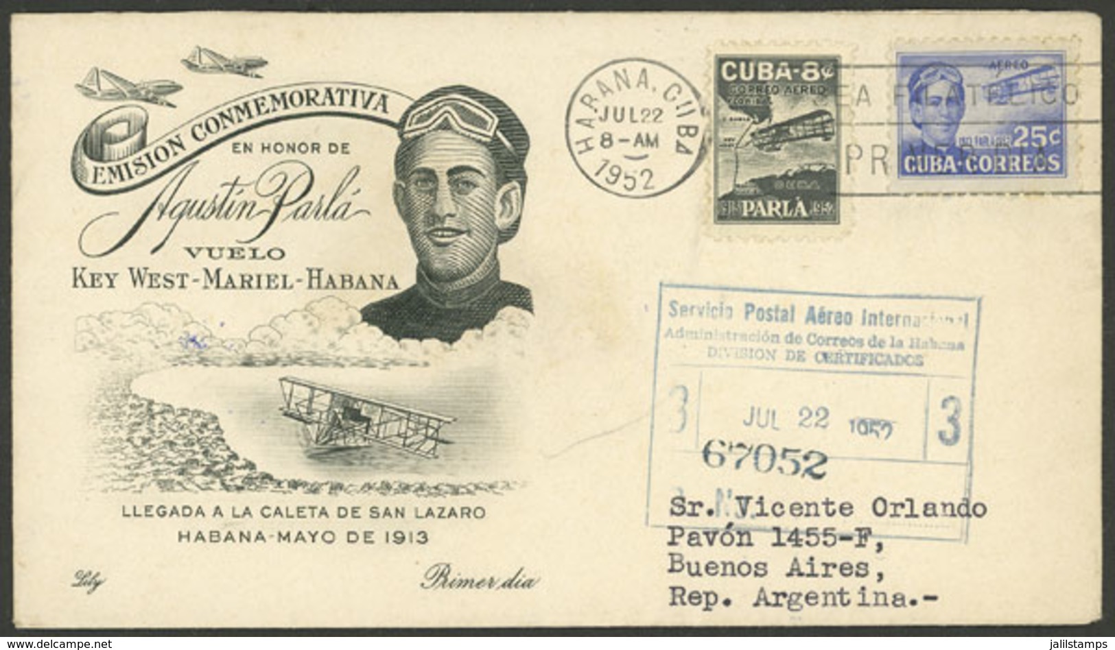 CUBA: 22/JUL/1952 Habana - Argentina, FDC Cover Of The Commemorative Set For Agustín Parlá Flight Sent By Airmail To Bue - Autres & Non Classés