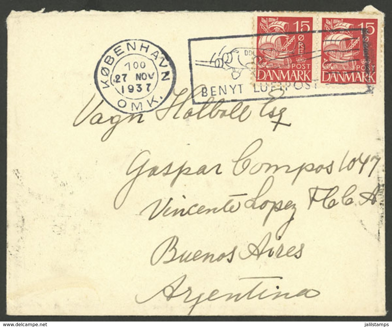 DENMARK: 27/NO/1937 Bobenhavn - Argentina, Cover Franked With 30o. With Slogan Cancel Advertising Airmail, VF! - Autres & Non Classés