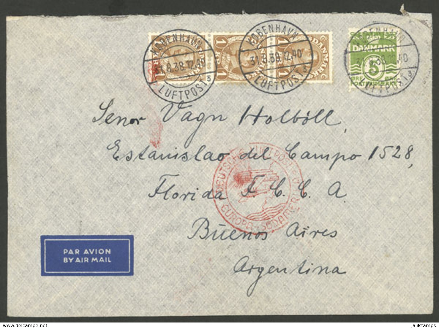 DENMARK: 31/AU/1938 Kobenhavn - Argentina, Airmail Cover Sent By German DLH Franked With 3.05Kr., On Back Hamburg Transi - Sonstige & Ohne Zuordnung