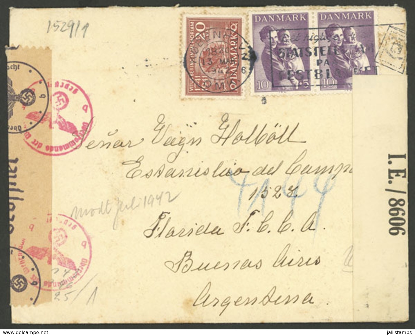DENMARK: DOUBLE CENSORSHIP: Cover Sent From Kobenhavn To Argentina On 13/MAR/1942 Franked With 40o., With Nazi + Allied  - Autres & Non Classés