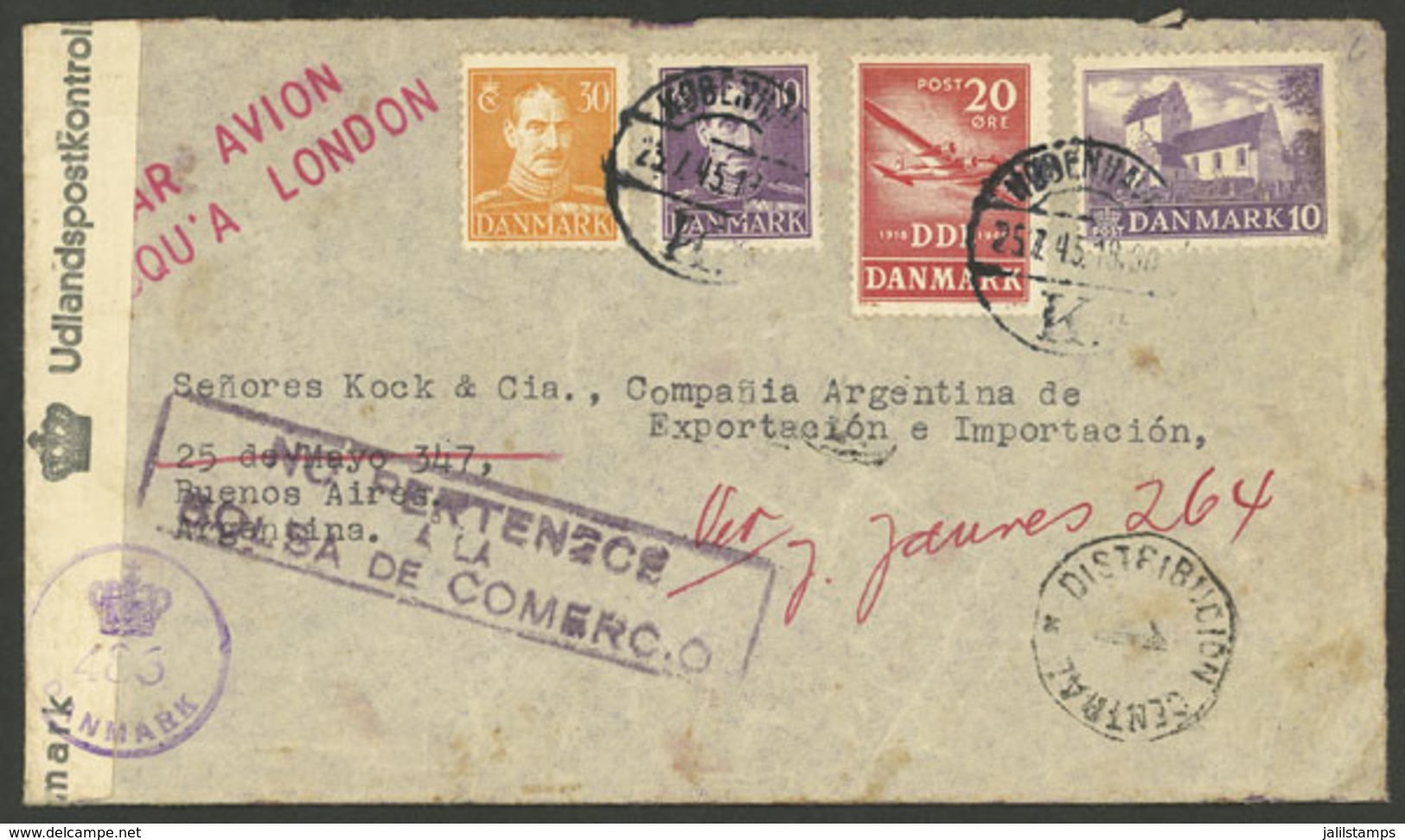 DENMARK: 25/JUL/1945 Kobenhavn - Argentina, Airmail Cover Franked With 70o., Danish CENSOR Label, On Back Buenos Aires A - Sonstige & Ohne Zuordnung