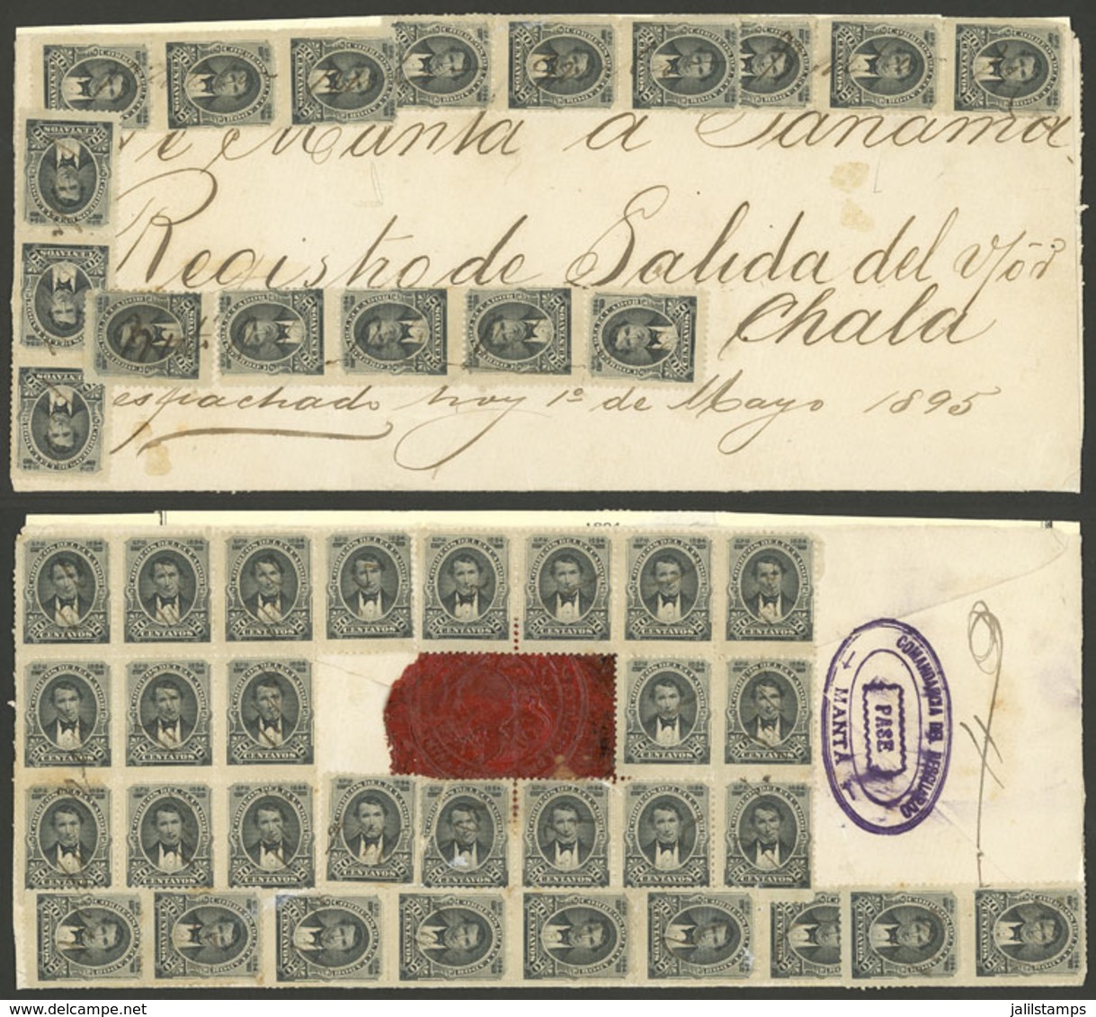 ECUADOR: Cover With Notable Postage Of 47 Stamps Of 20c. (Sc.43 ) With Pen Cancels, Inscription On Front: De Manta A Sam - Equateur