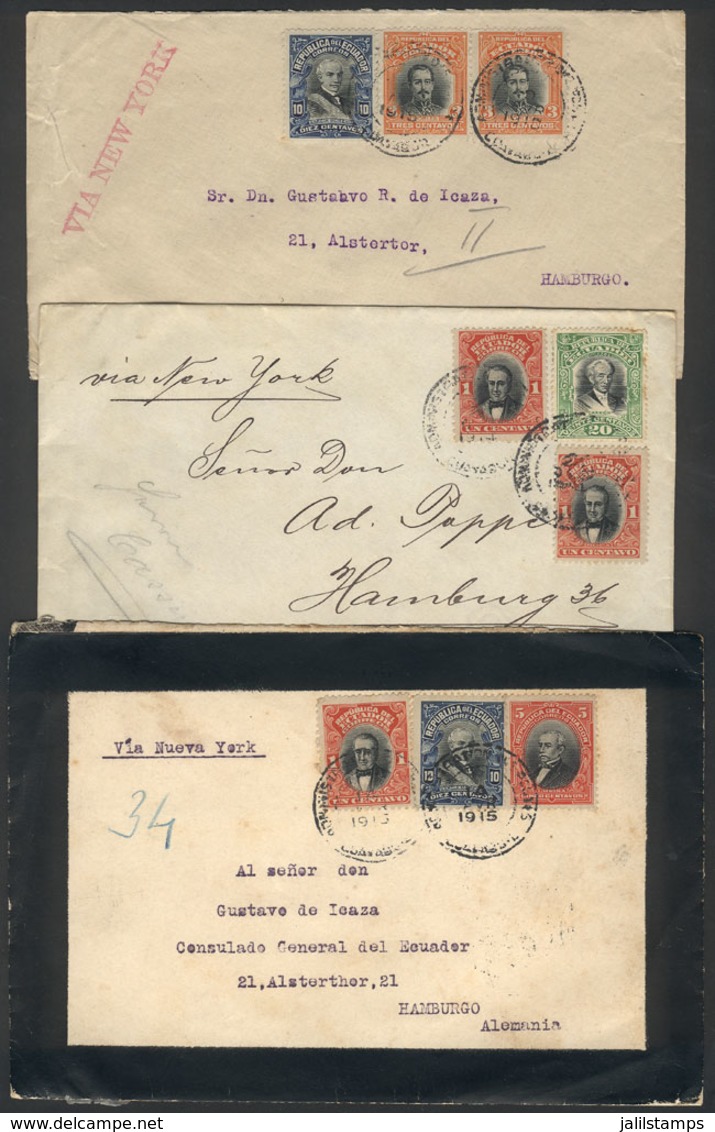 ECUADOR: 3 Covers Sent To Germany In 1915, Nice Postages Of 16c. And 22c., VF Quality! - Equateur