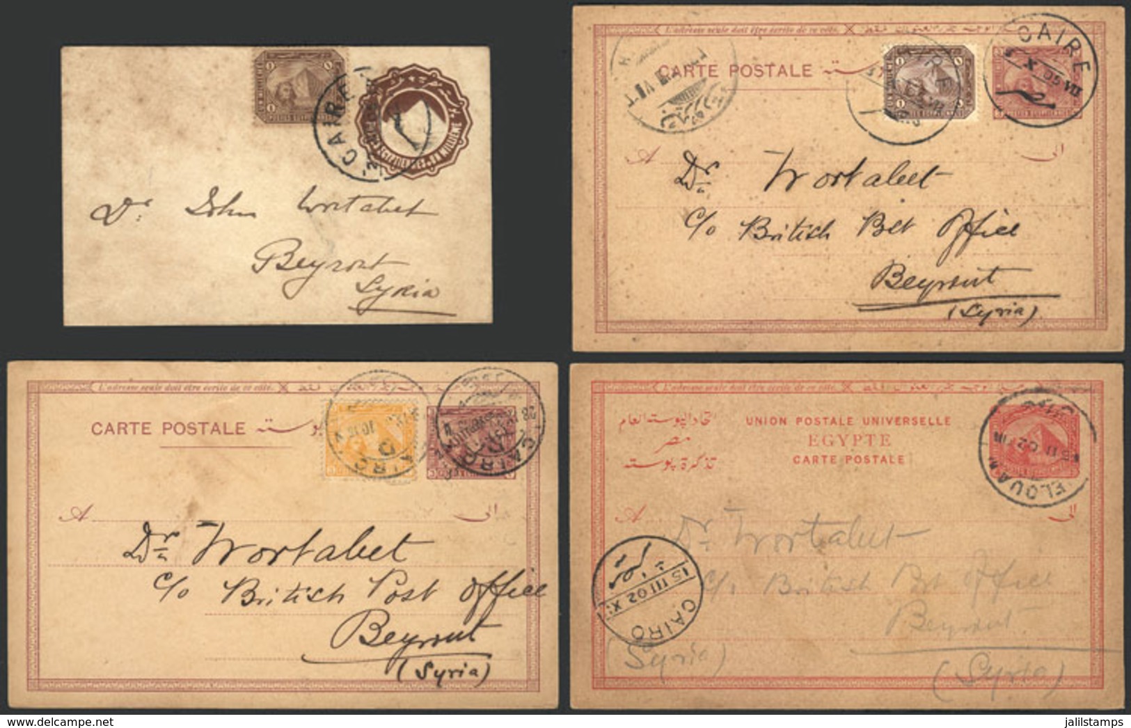 EGYPT: 1902/1905: 4 Postal Stationeries (3 Postal Cards And 1 Cover) Sent From Cairo And Elouan To Syria, Very Nice! - 1866-1914 Khédivat D'Égypte