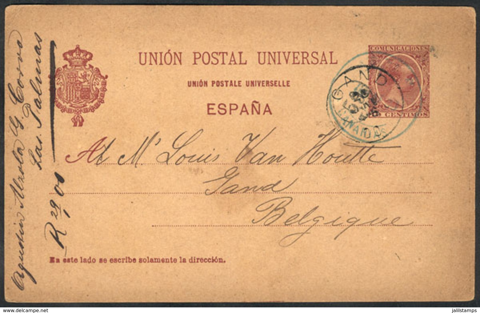 SPAIN: 10c. Postal Card Sent From LAS PALMAS (blue Datestamp) To Gand (Belgium) On 17/JA/1900. - Autres & Non Classés