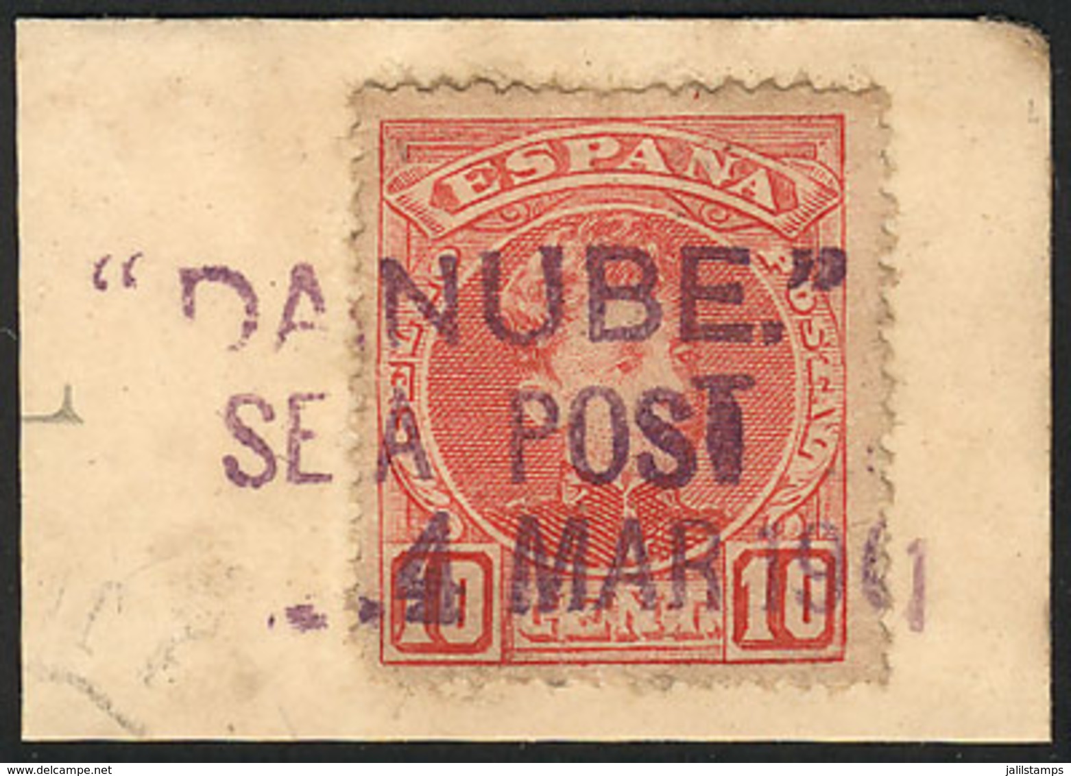 SPAIN: 10c. Stamp On A Fragment Of Cover, With Rare Postmark: DANUBE" - SEA POST - 4 MAR 1901, Interesting!" - Autres & Non Classés