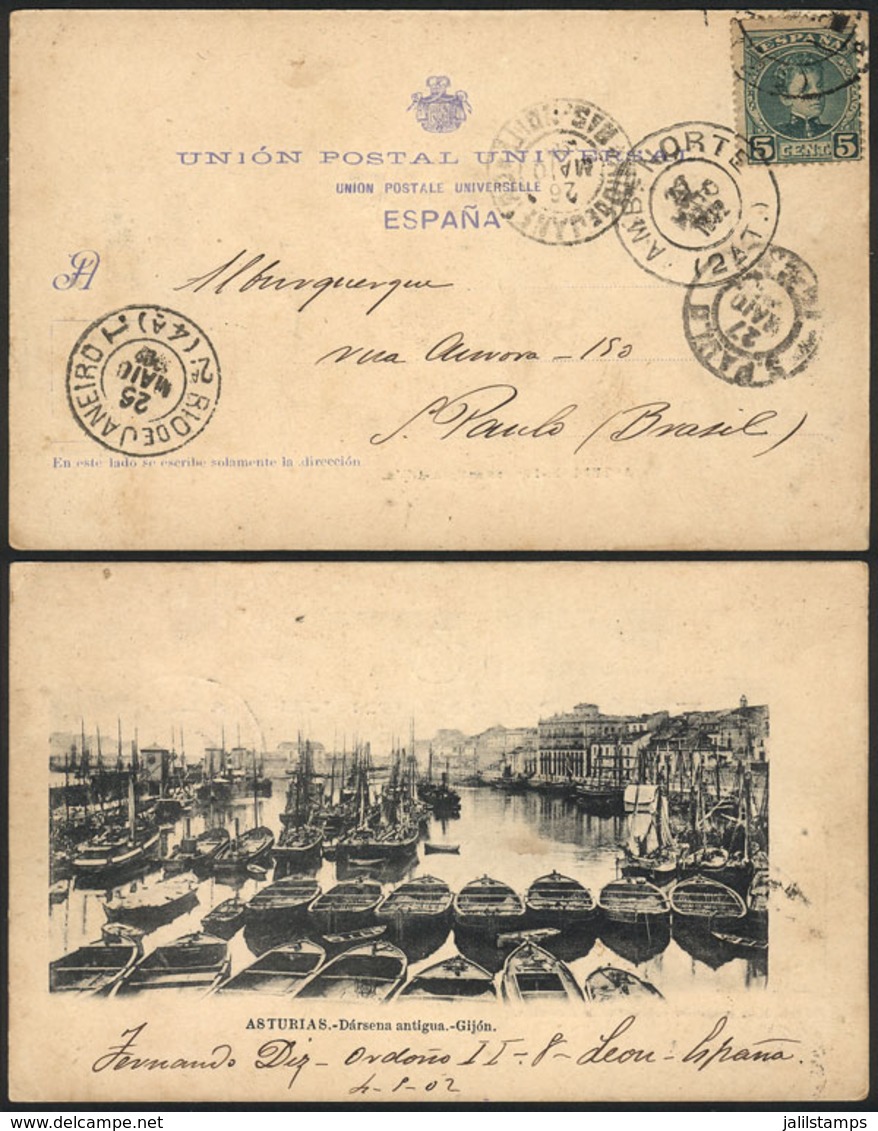 SPAIN: Postcard With View Of Asturias (old Dock, Gijón), Franked With 5c. And Sent To Brazil On 4/SE/1902, VF Quality! - Otros & Sin Clasificación