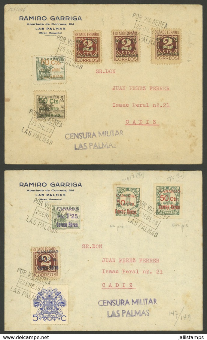 SPAIN: 2 Covers Sent From Las Palmas To Cadiz On 25/DE/1937 And 22/JA/1938, Franked With Stamps Overprinted Locally For  - Autres & Non Classés