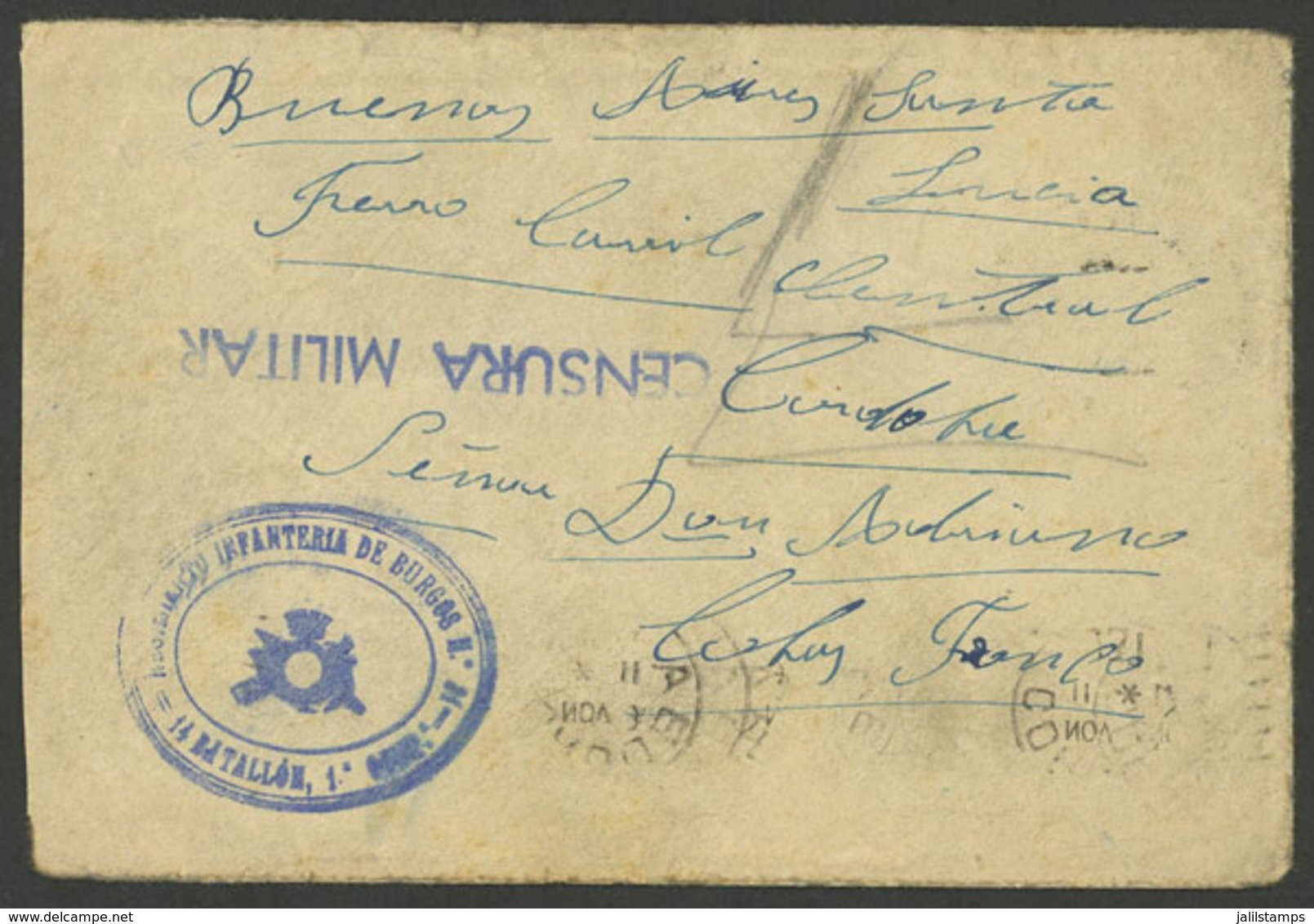 SPAIN: Cover Sent To ARGENTINA By A Soldier On The Front In The Civil War, With Postal Free Frank And Blue Mark "Regimie - Sonstige & Ohne Zuordnung