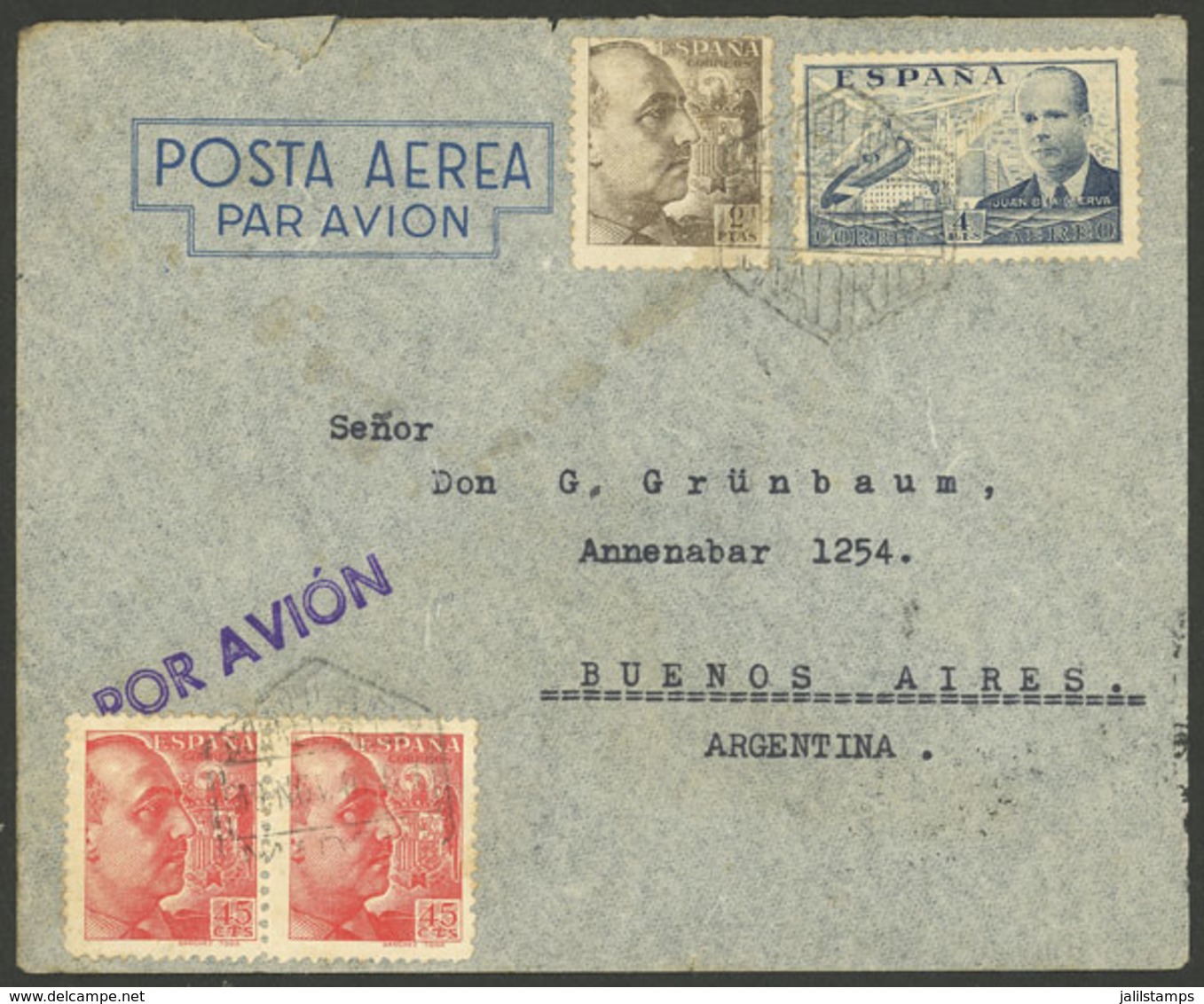 SPAIN: 30/NO/1940 Madrid - Argentina, Airmail Cover Sent By LATI Franked With 6.90Ptas., Censored On Back And With Bueno - Sonstige & Ohne Zuordnung