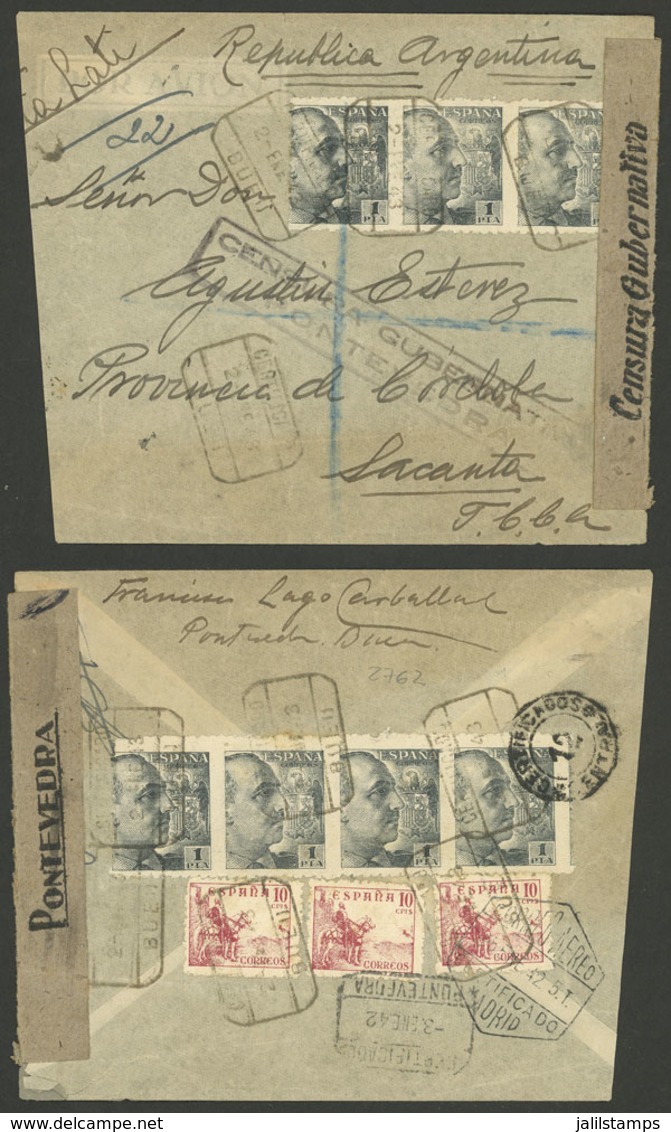 SPAIN: 2/JA/1942 Bueu - Argentina, Registered Airmail Cover With Postage And Censor Marks On Front And Back, Very Nice! - Autres & Non Classés