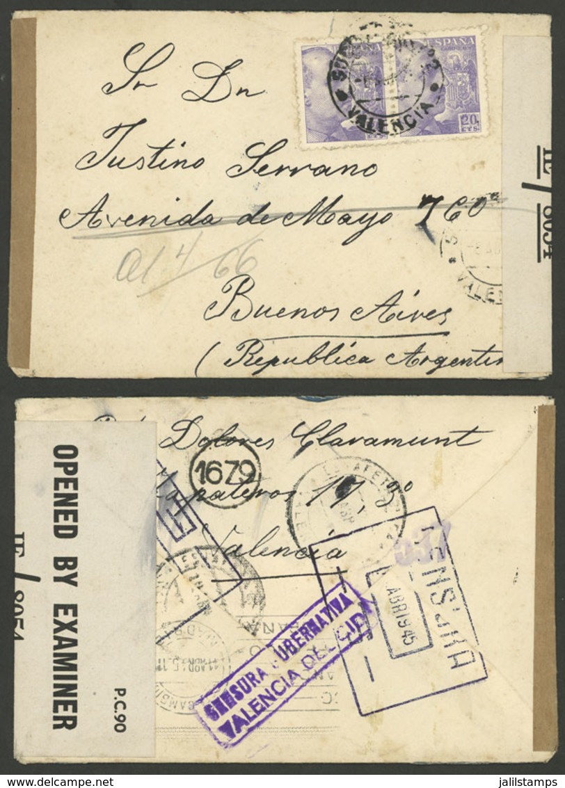 SPAIN: 6/AP/1945 Valencia - Argentina, Cover Franked With 40c., With Multiple CENSOR Marks And Labels, Interesting! - Autres & Non Classés