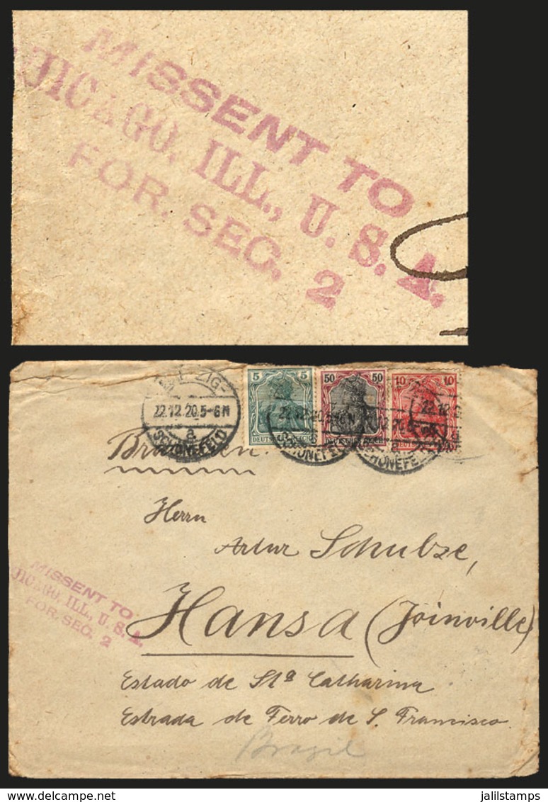 UNITED STATES: Cover Sent From GERMANY To HANSA (BRAZIL) On 22/DE/1920, Sent By Mistake To Chicago, With Violet Mark "MI - Marcophilie