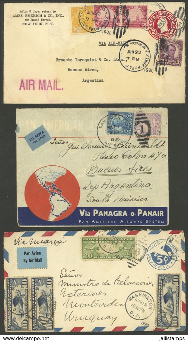 UNITED STATES: 2 Airmail Covers Sent To Argentina In 1931 And 1936 + Airmail Cover Front Sent To Uruguay In 1930, Very A - Marcophilie