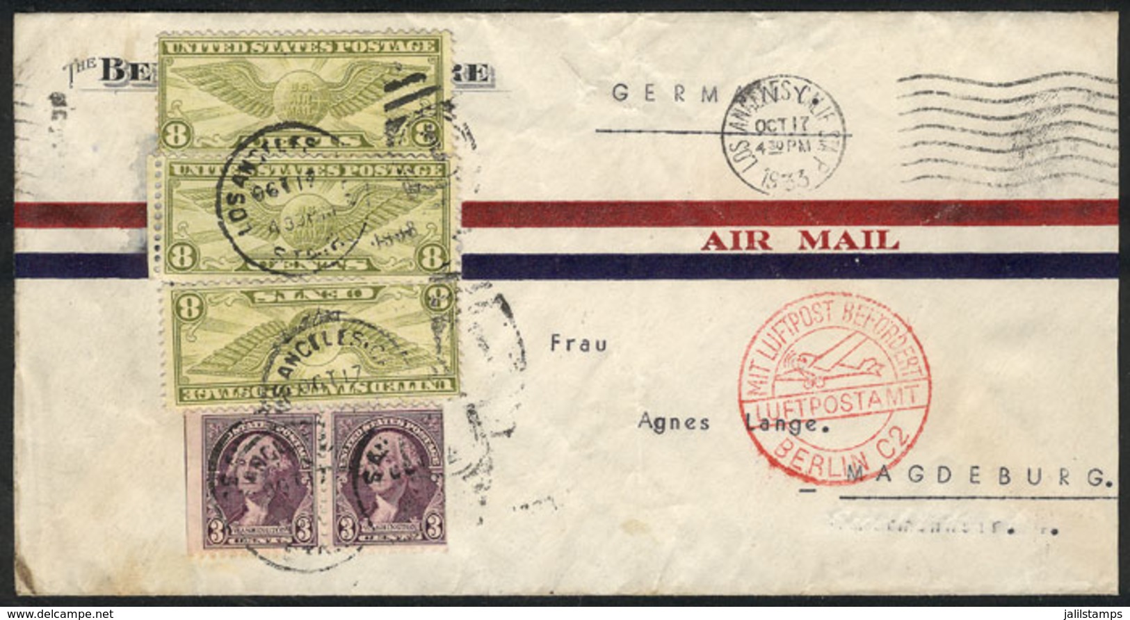 UNITED STATES: Airmail Cover Sent From Los Angeles To Germany On 17/OC/1933 Franked With 30c., Handsome. - Marcofilie