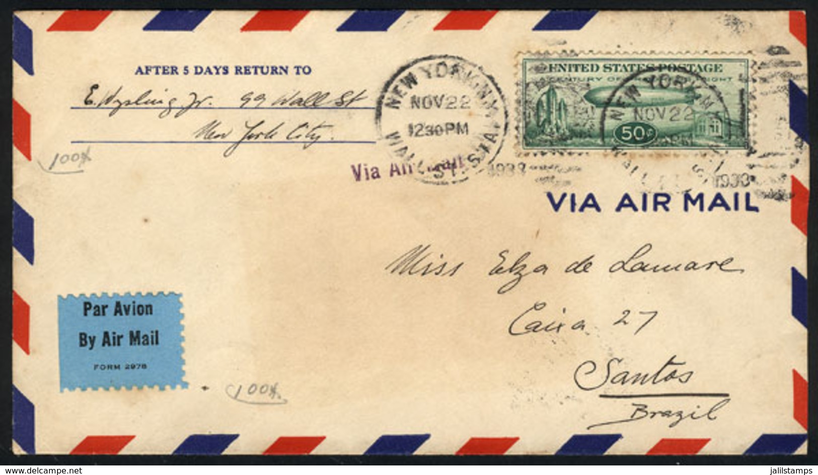 UNITED STATES: Airmail Cover Sent From New York To Brazil On 22/NO/1933, Franked By Sc.C18, Fine Quality! - Marcofilia