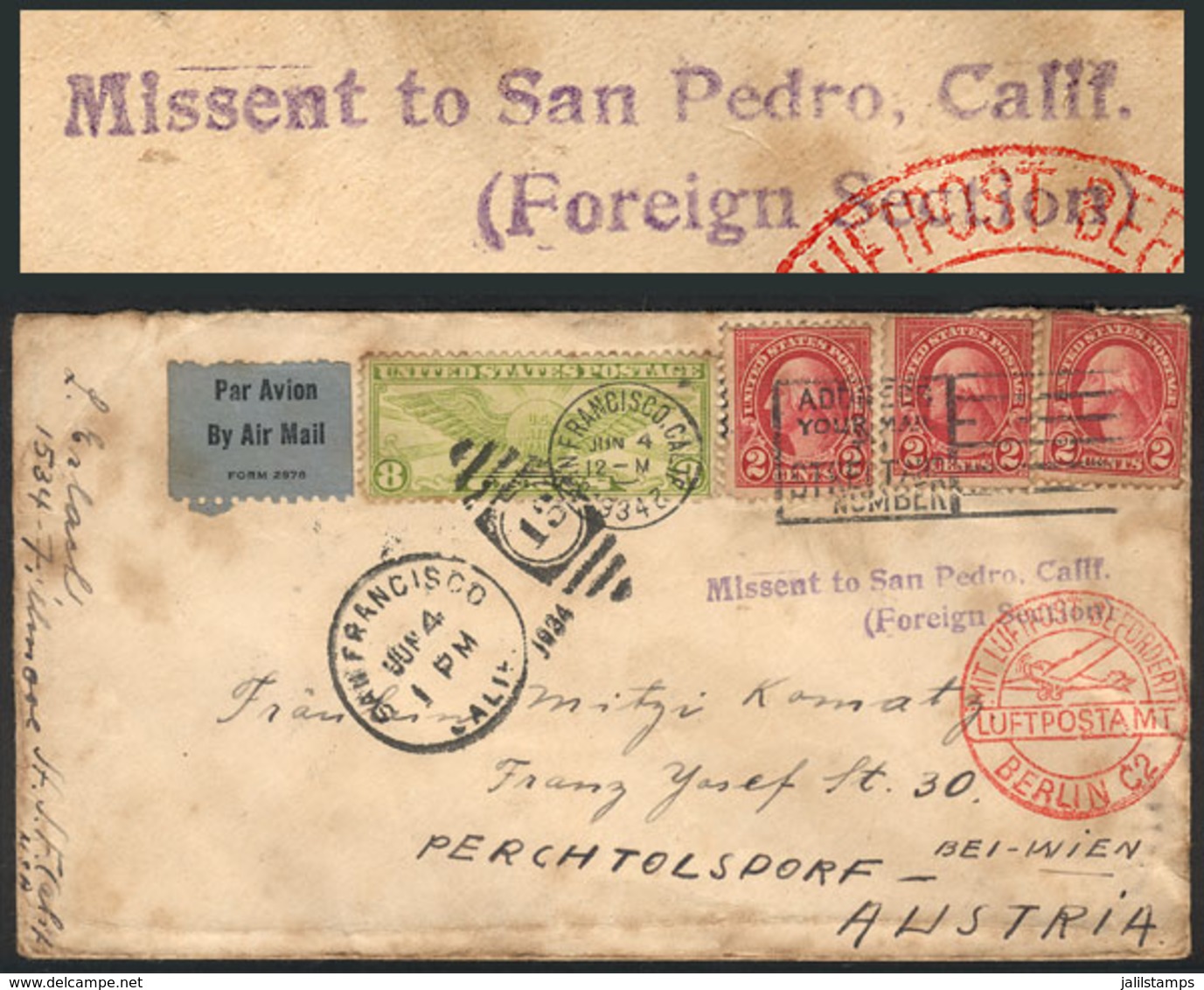 UNITED STATES: Airmail Cover Sent From San Francisco To Austria On 4/JUN/1934, Sent By Mistake To San Pedro (violet Mark - Marcophilie