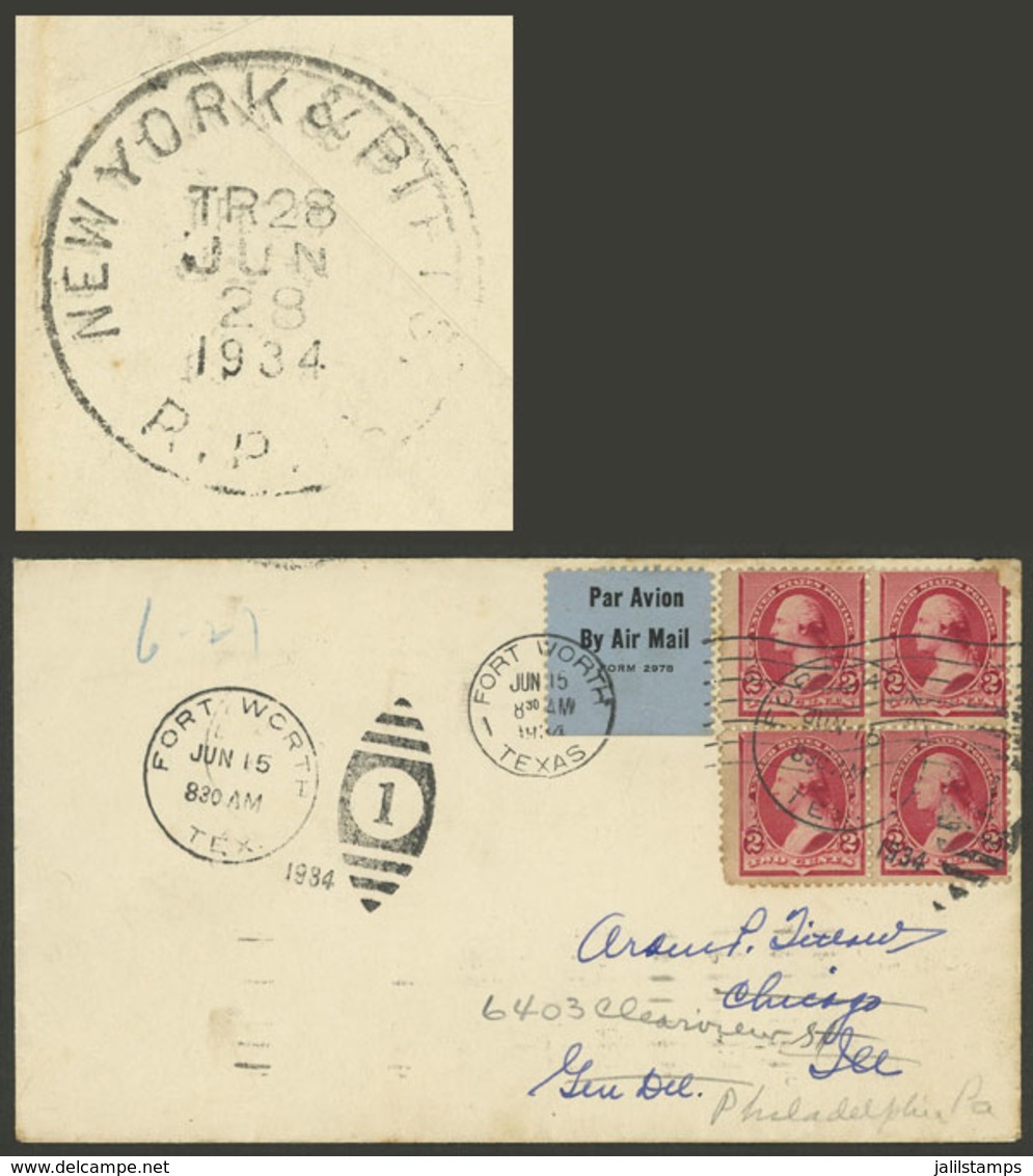 UNITED STATES: 15/JUN/1934 Fort Worth - Chicago - Philadelphia, Airmail Cover Sent To Chicago (arrival 16/JUN) And From  - Marcophilie