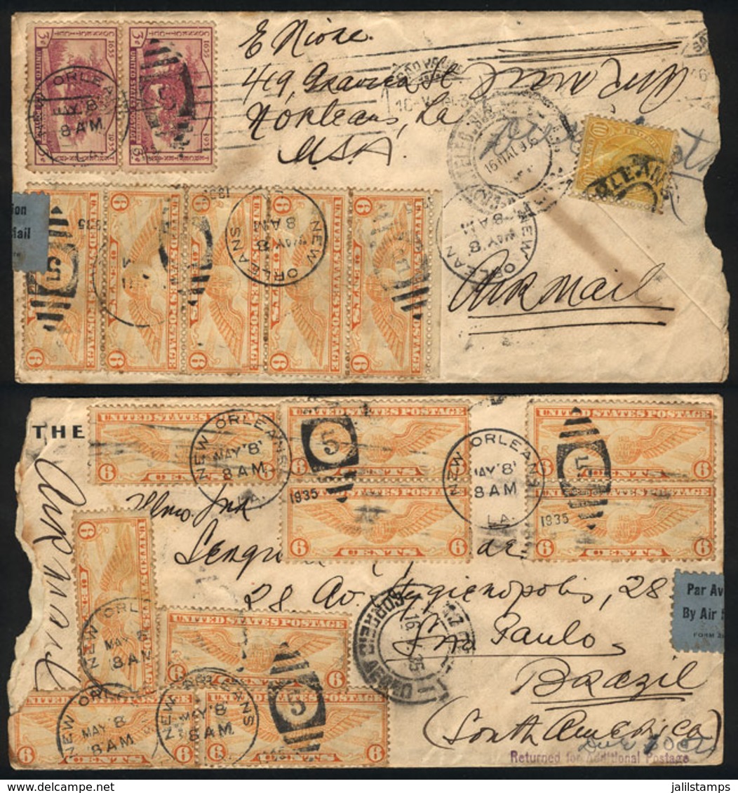 UNITED STATES: Airmail Cover Sent From New Orleans To Brazil On 8/MAY/1935, With Original Postage Of 90c. And Returned T - Marcophilie