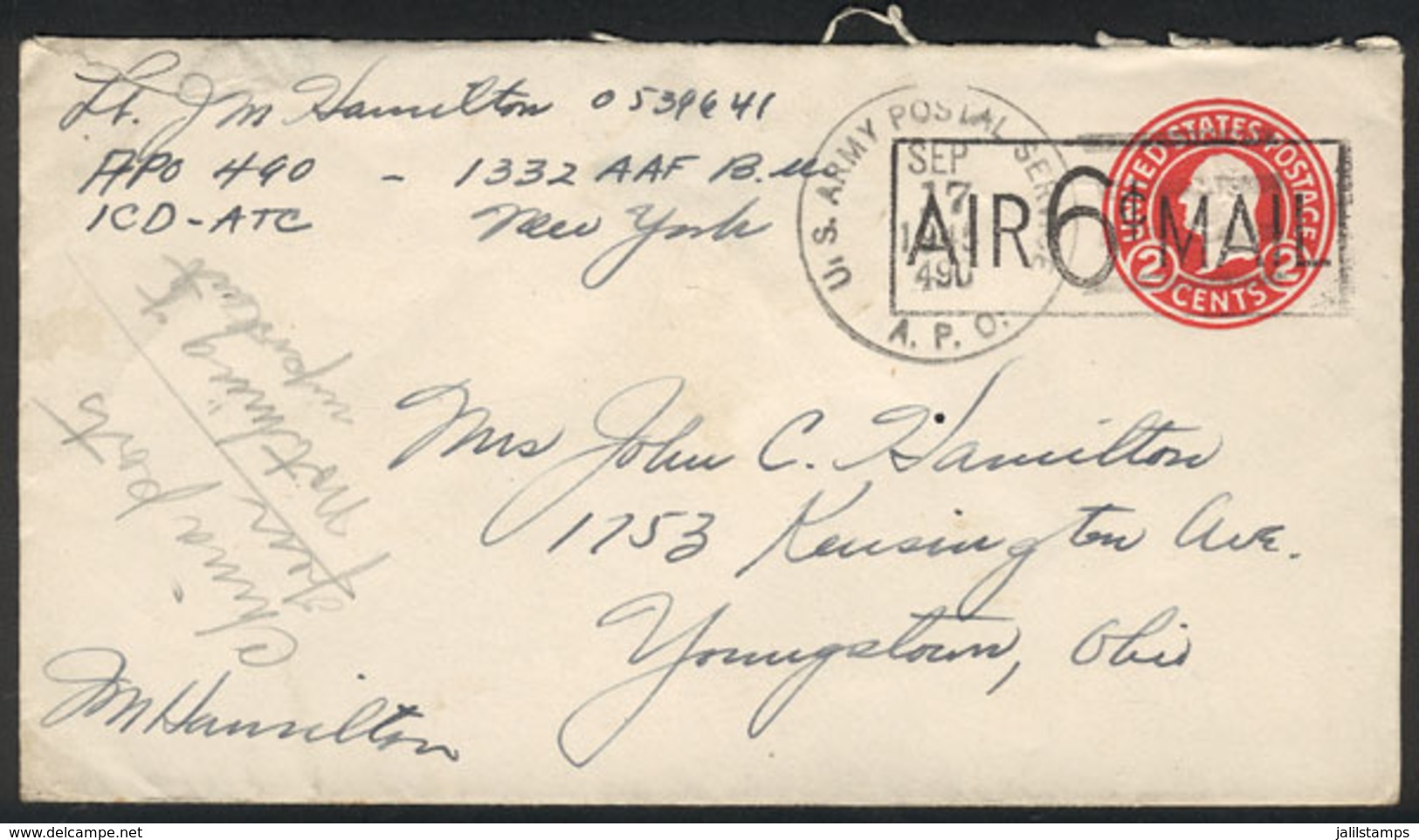 UNITED STATES: 2c. Stationery Envelope Surcharged "AIR 6c. MAIL", Sent By Military Mail (A.P.O.) To Youngstown On 17/SE/ - Marcophilie