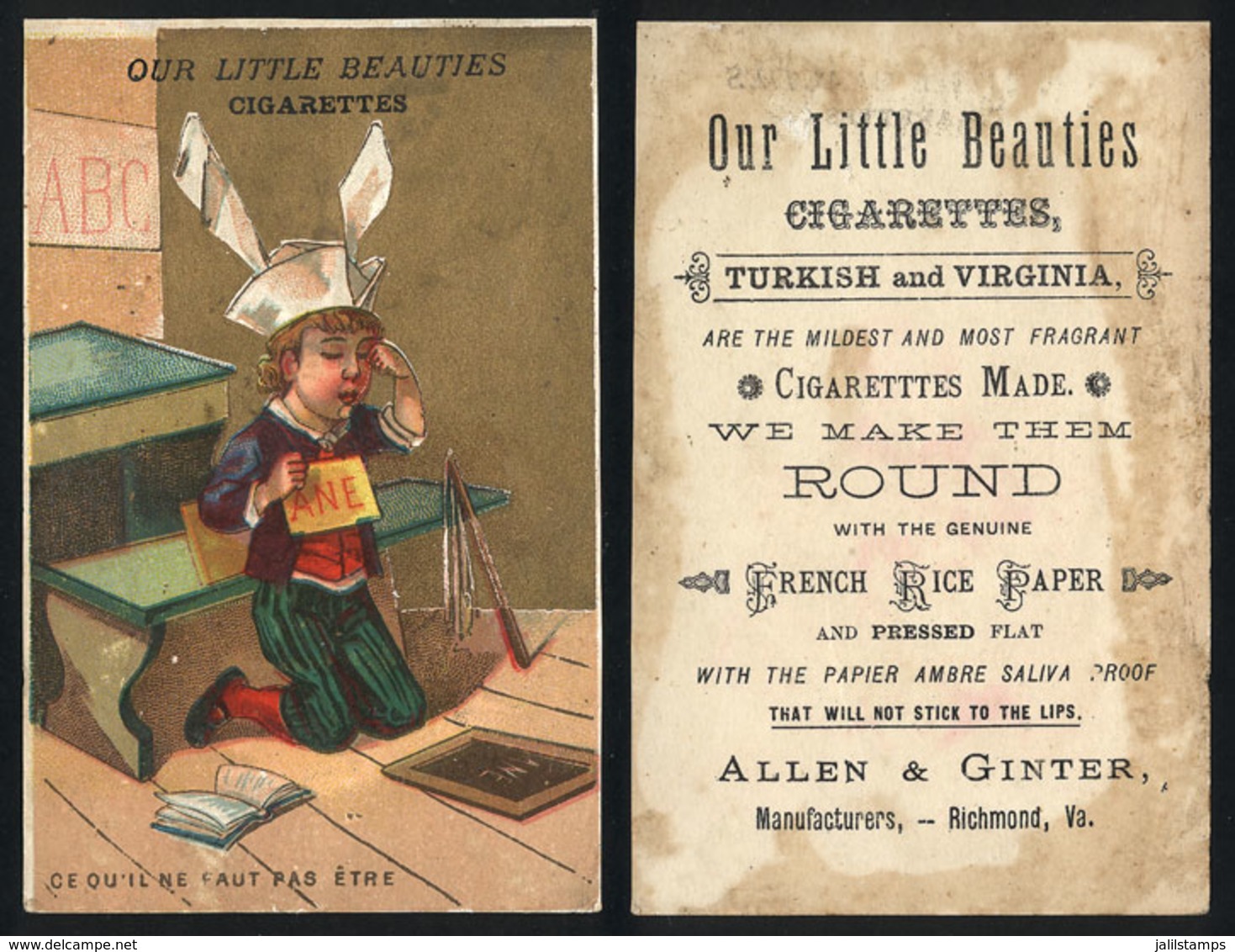 UNITED STATES: Little Boy With Donkey Ears: Old Trading Card With Advertising For "Our Little Beauties" Cigarettes, Fine - Autres & Non Classés