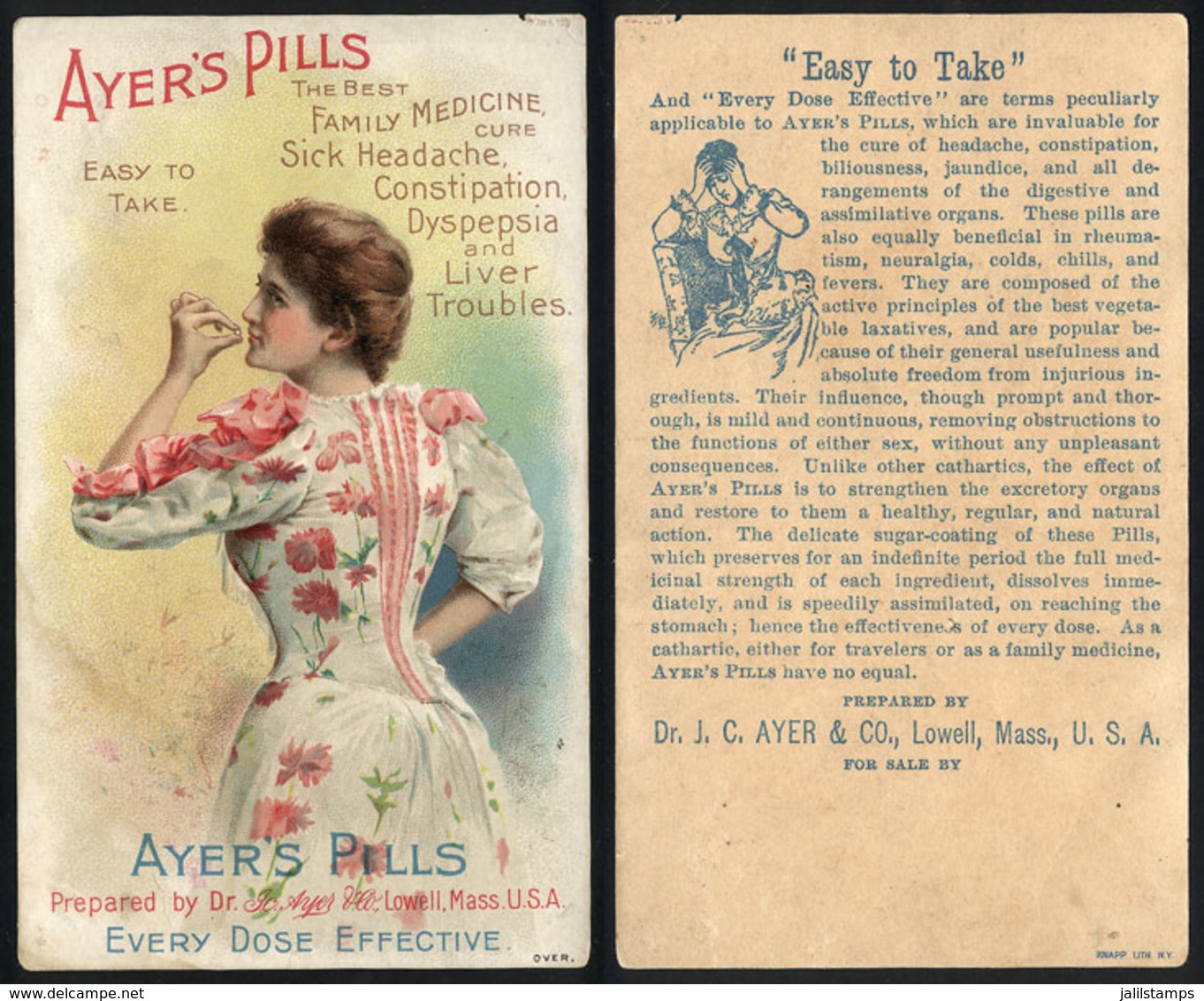 UNITED STATES: Old Advertising Card For "Ayer's Pills" (medicine), With Lithograph Image Of Beautiful Lady, Fine Quality - Autres & Non Classés